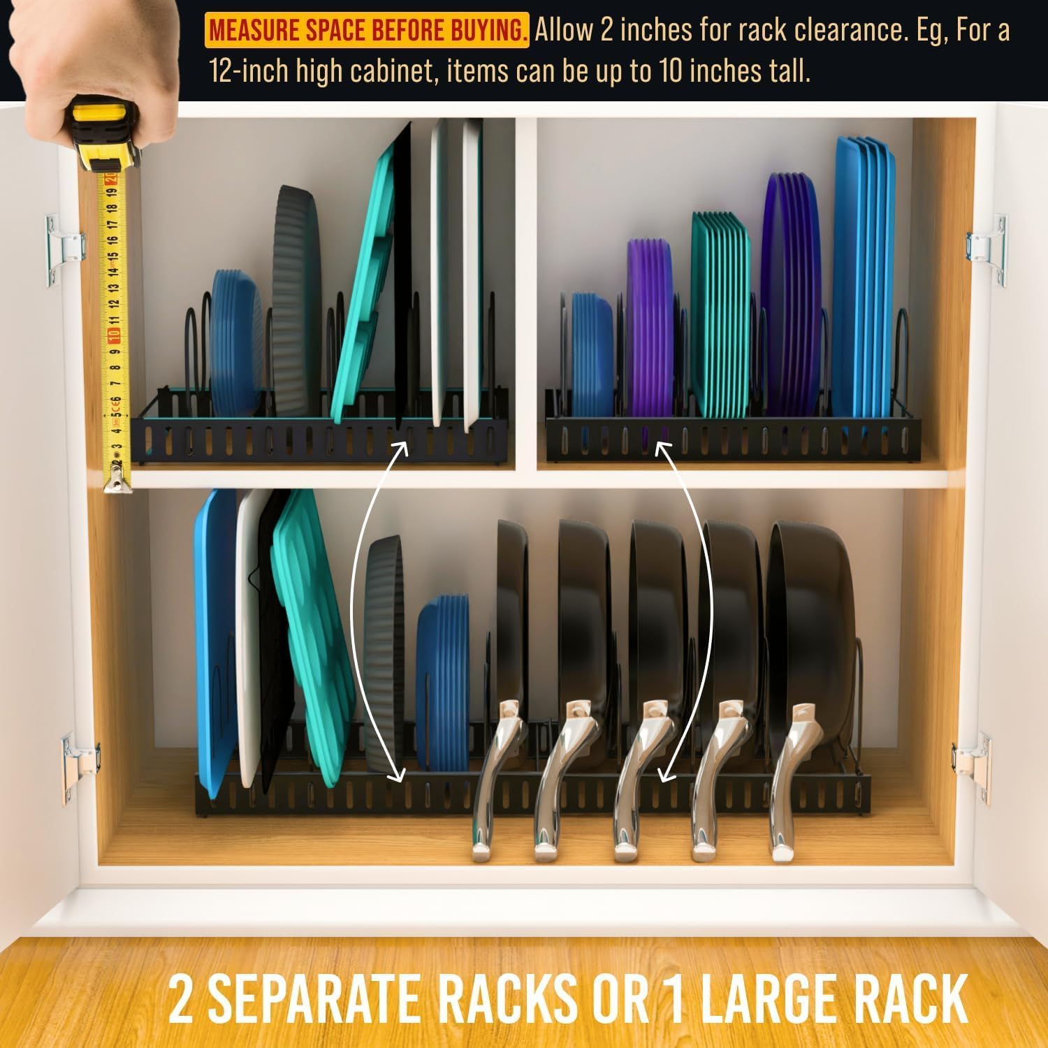 Norcalway Adjustable Bakeware Pots and Pans Organizer Under Cabinet,14 Dividers Cookie Sheet Baking Pan Pot Lid Organizers - Image 6