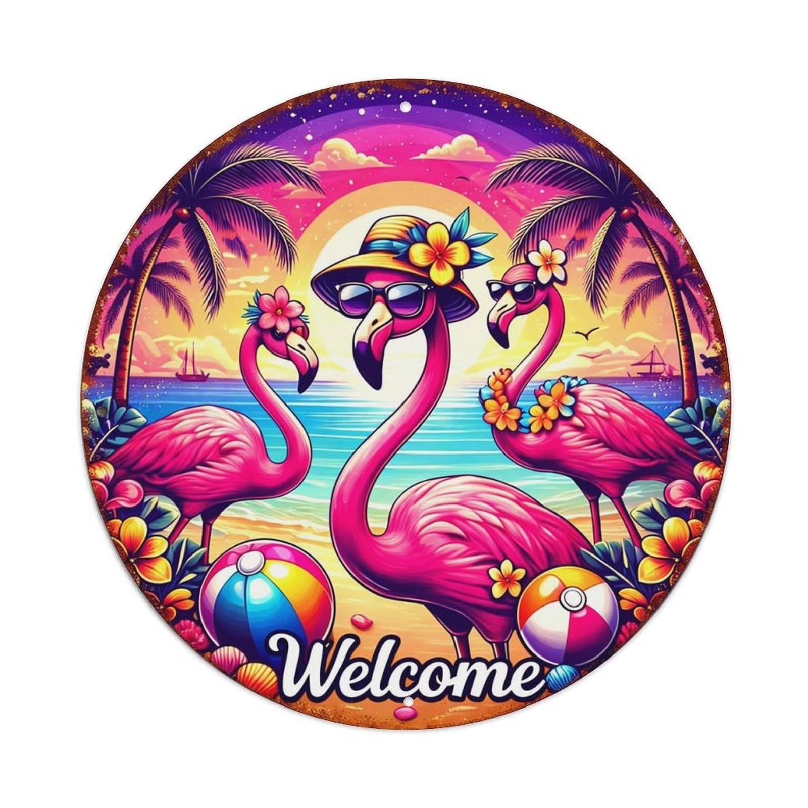 Flamingo Beach Sunset Palm Welcome Vintage Round Tin Sign Retro Metal Wall Decor Metal Poster, Home Bar Garage Cafe Wall Art Decoration 8x8Inches
