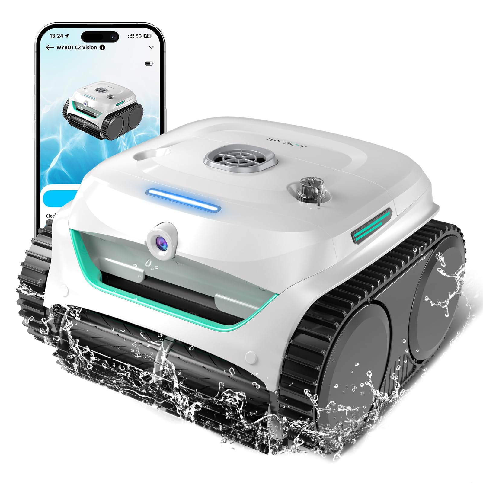 WYBOT C2 Vision AI, bezprzewodowy robot basenowy z akumulatorem, podłoga i ściana, dwuwarstwowa filtracja, wydajny odkurzacz, do basenów do 180 ㎡ (biało-zielona)