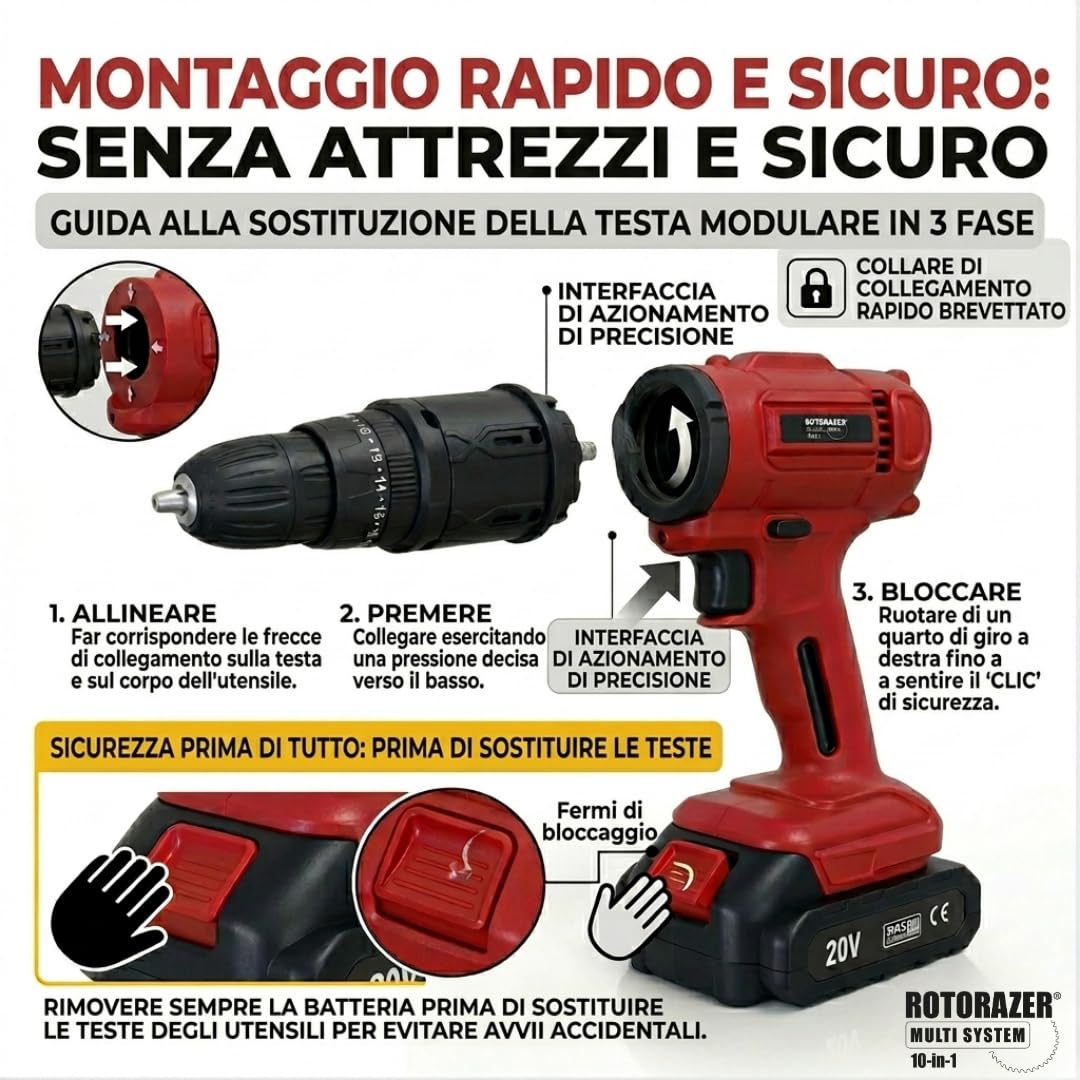 Rotorazer Multi System 10 in 1 - Multiutensile wireless 20 V: Trapano a percussione, seghetto alternativo, smerigliatrice, levigatrice e oscillante, kit completo con valigetta e batteria 1500 mAh