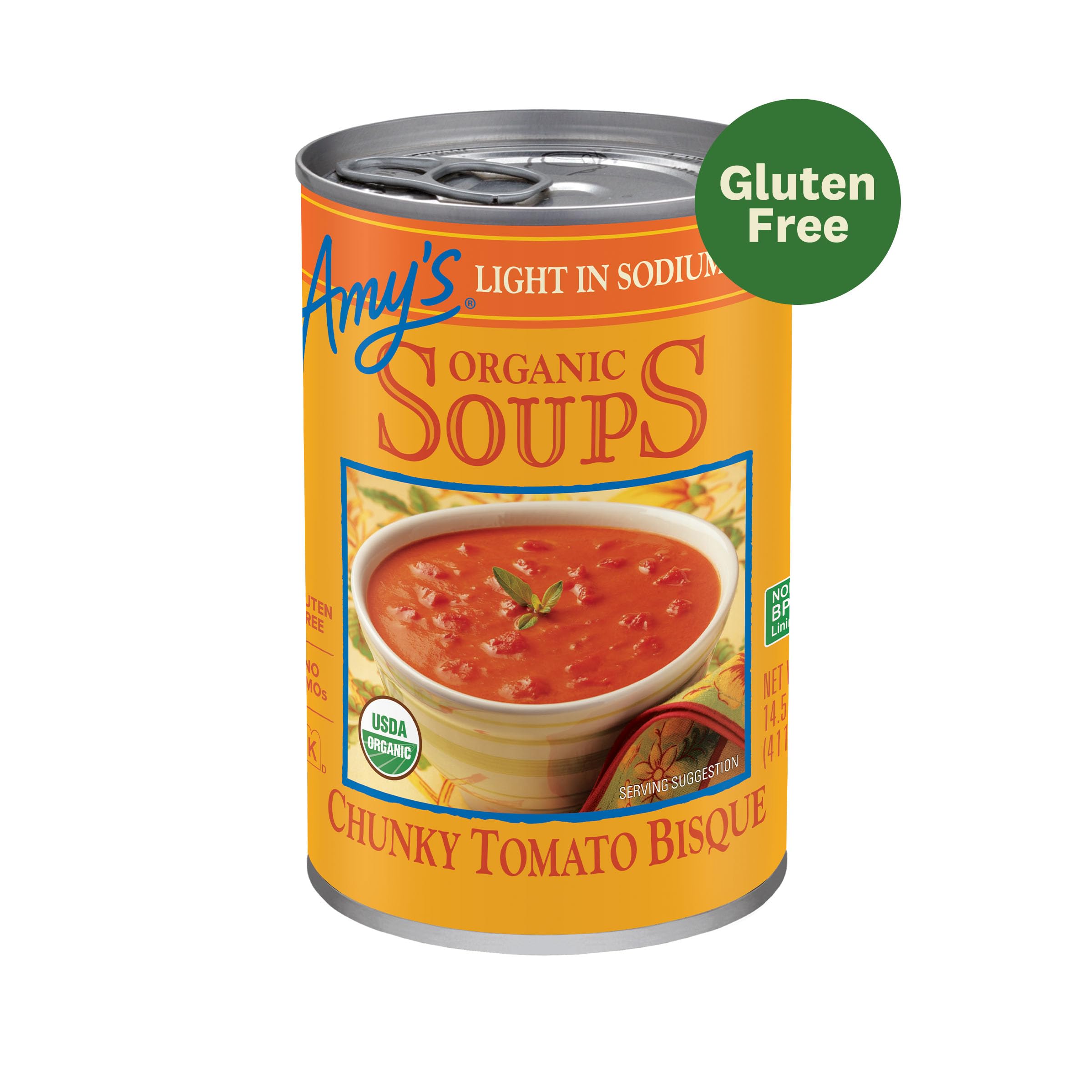 Amy’s Soup, Chunky Tomato Bisque Canned Soup, Light in Sodium, Gluten Free, Made With Organic Tomatoes and Cream, 14.5 Oz (6 Pack)