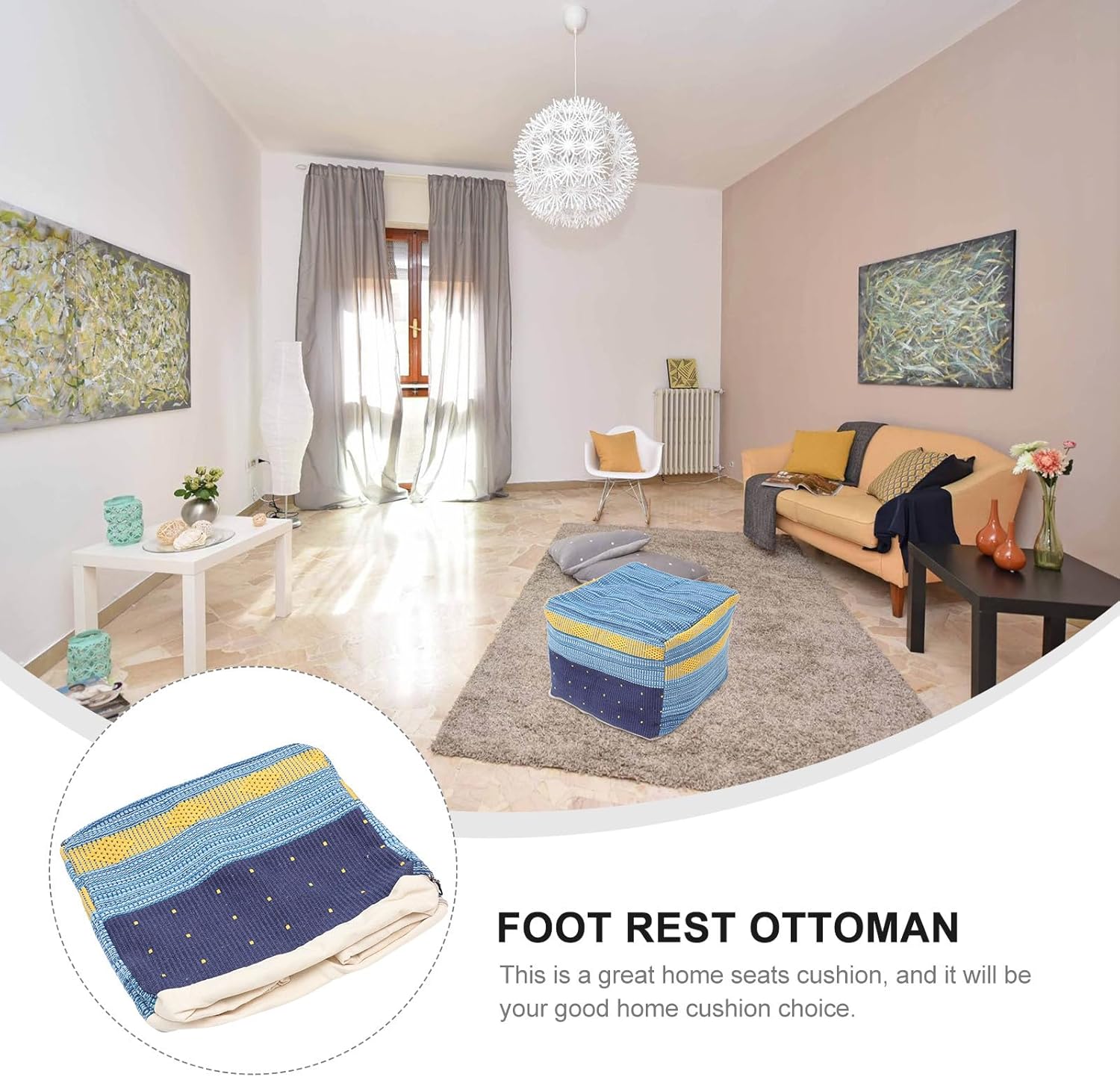 VOSAREA Pouf Cover Square Pouf Ottoman Cover Boho Linen Cushion Decorative Square Unstuffed Thick Cotton Linen Tatami Buttocks Cushion (Sky-Blue)