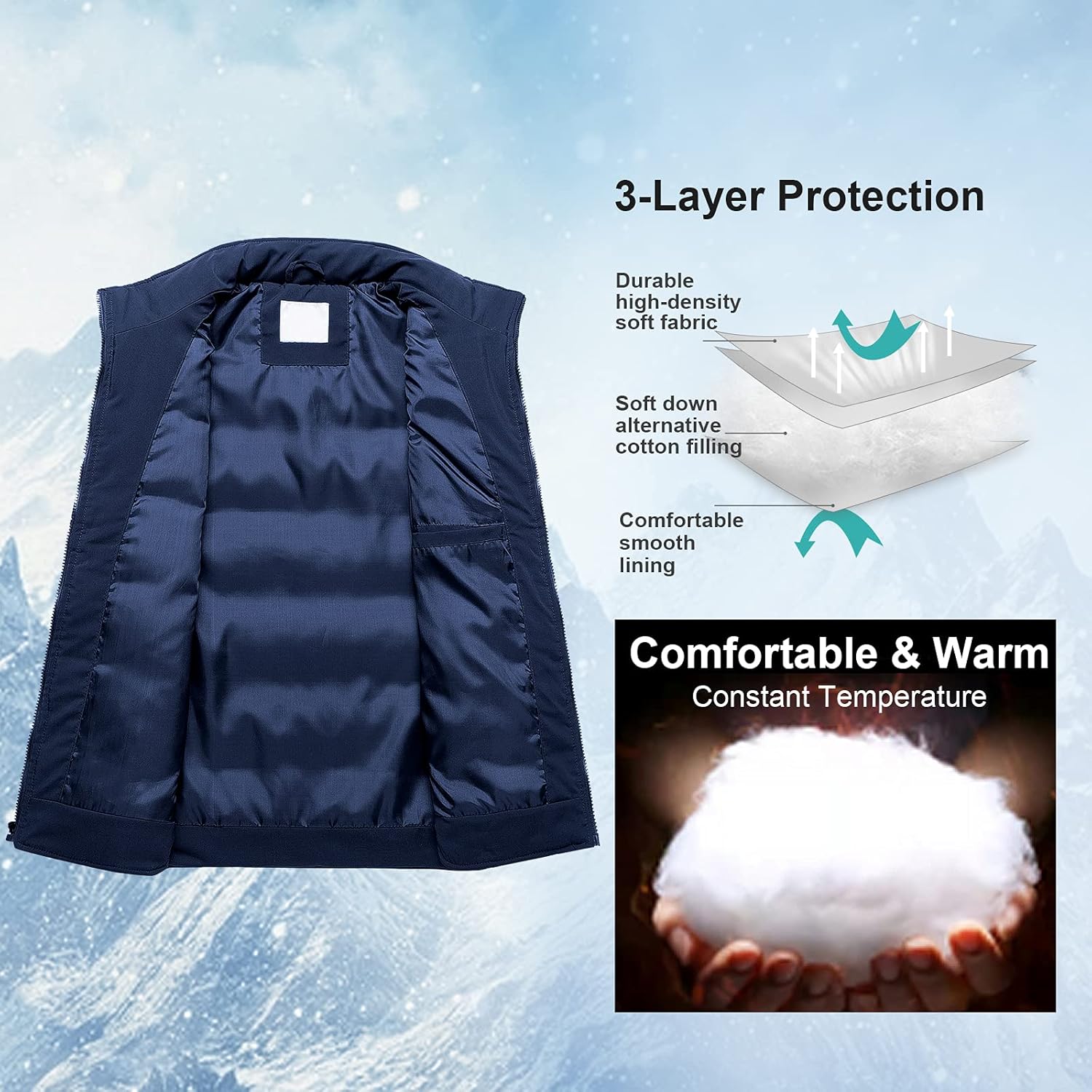 Chrisuno Men's Lightweight Winter Puffer Ski Vest Jacket Packable Outerwear - Image 4