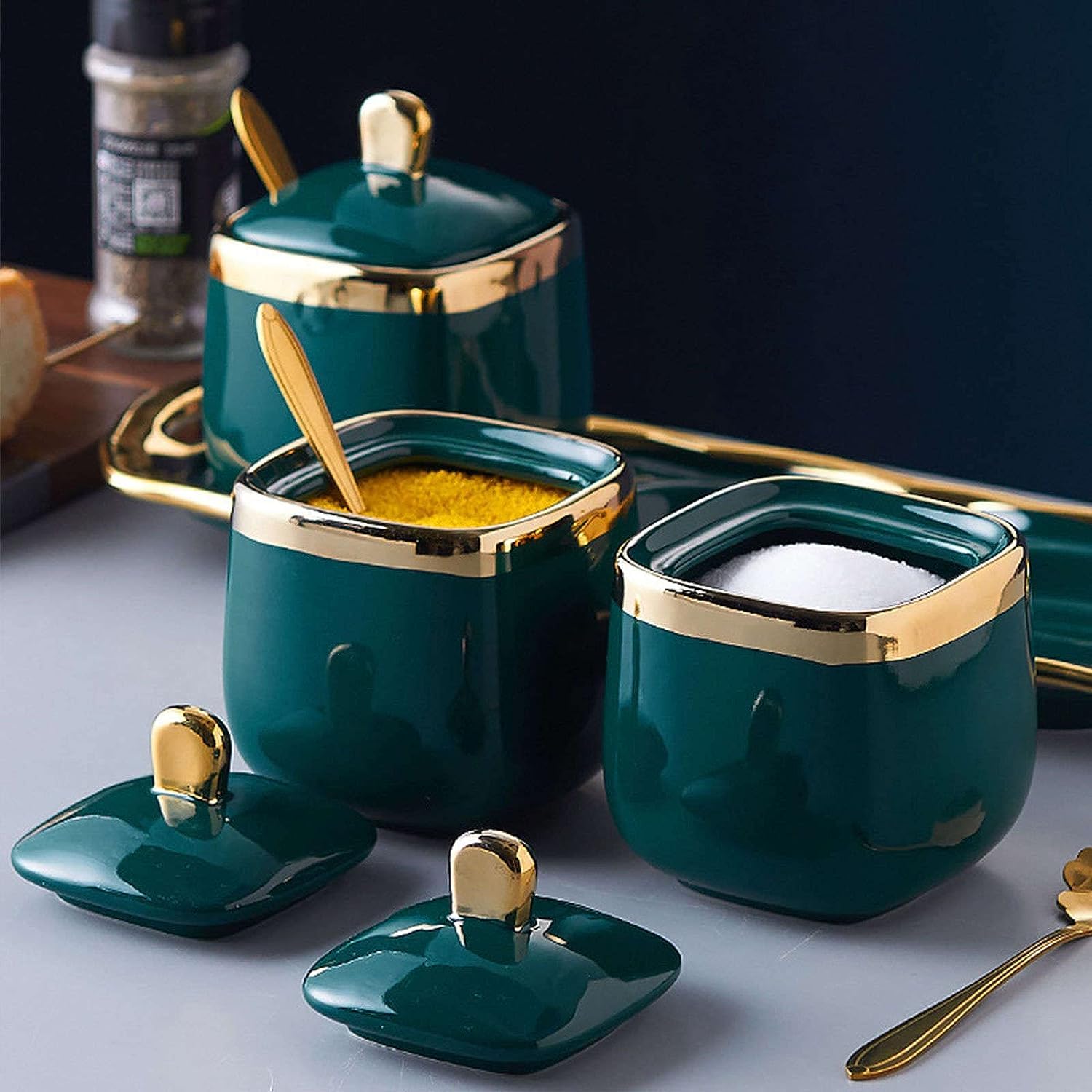 Tarro de especias de porcelana, azucarero, azucarero Phnom Penh con tapa y cuchara, 3 juegos de azucarero, recipiente de azúcar, coloridos botes de azúcar de café de cerámica-rojo-3 juegos ( Color : D