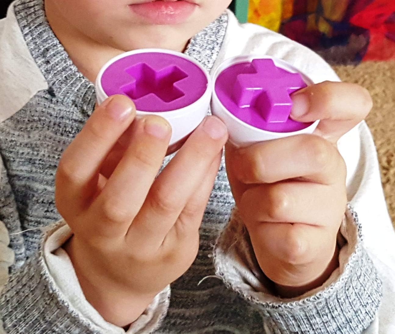 Skoolzy 12 Matching Eggs for Toddlers - Color Sorting and Shape Matching Egg Toy, Yellow Egg Carton, Builds Fine Motor Skills an Excellent Learning Toy for Toddlers - 12 Shapes 6 Colors