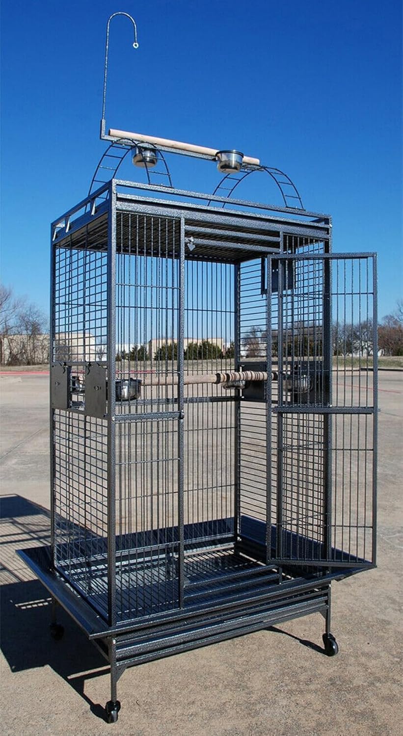 White Extra Large 28"x22"x65"H Double Ladders Open Play Top Wrought Iron Bird Parrot Parttot Finch Macaw Cockatoo Cage, Include Seed Guard and Toy Hook