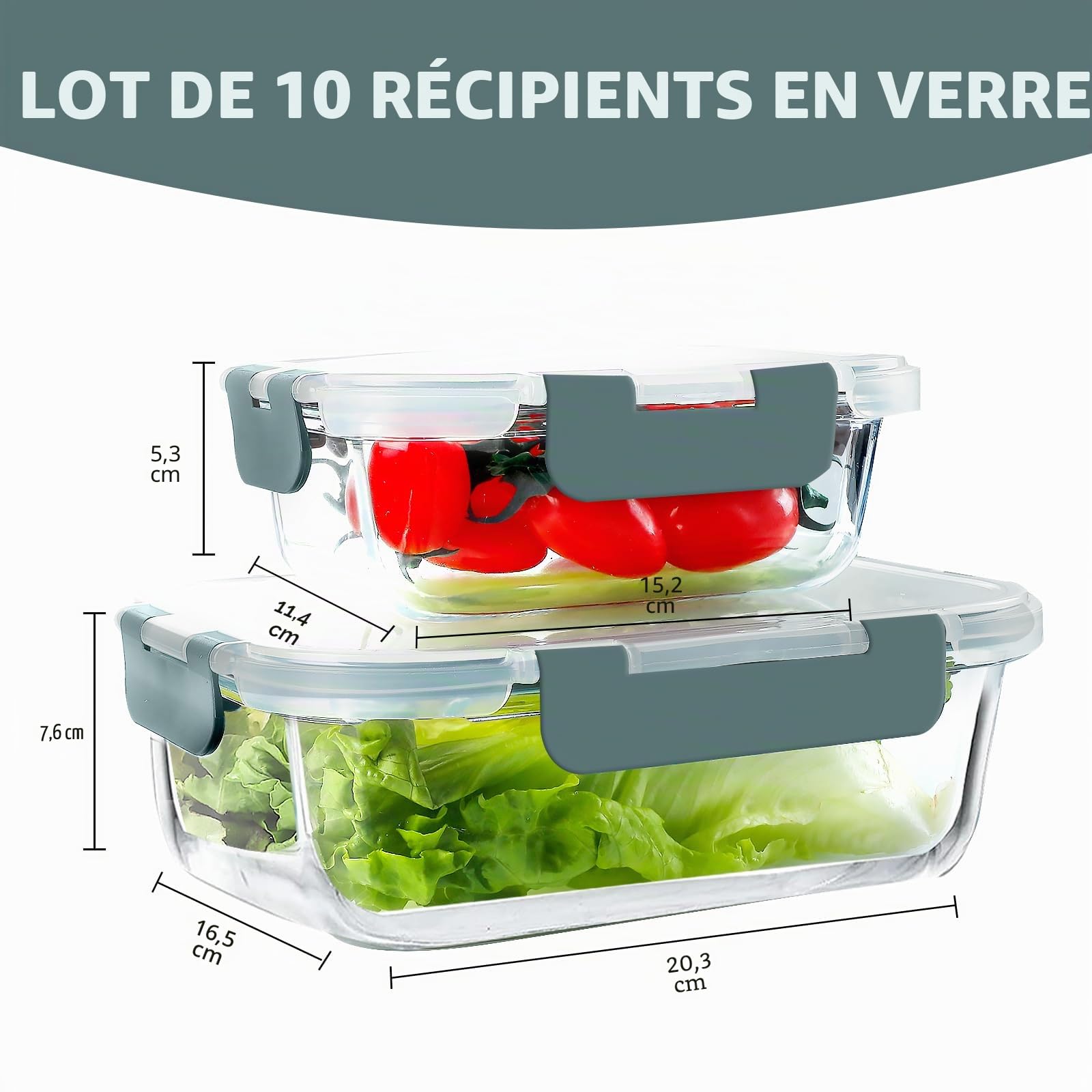 VERONES Lot de 10 récipients en verre pour la préparation des repas,conservation des aliments avec couvercles, pour le micro-ondes, le four, le congélateur et le lave-vaisselle