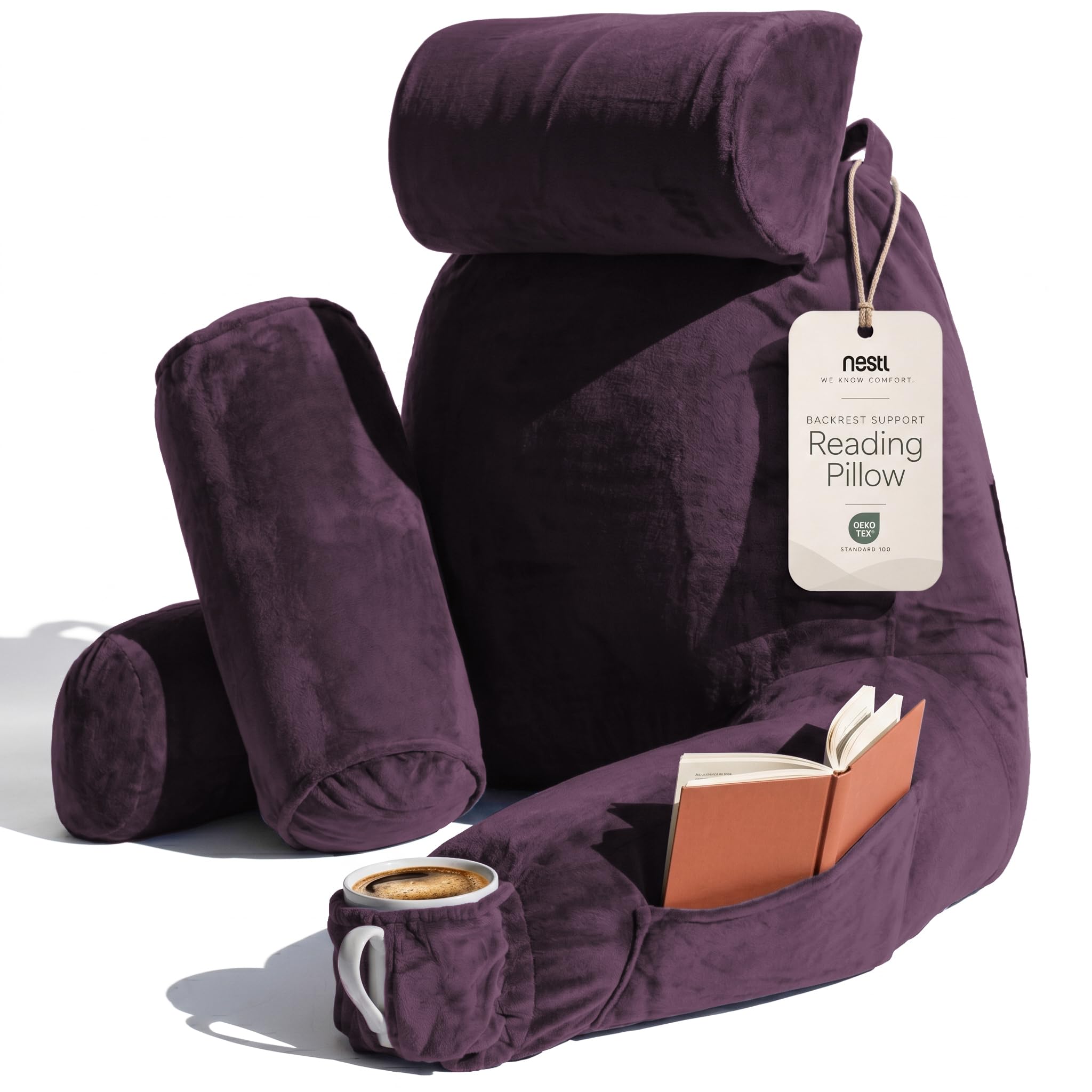 Nestl Reading Pillow for Bed, Back Pillow for Sitting Up in Bed, Purple