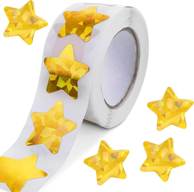 Prasacco 1000 Pieces Holographic Gold Star Stickers for Kids Reward, Foil Star Metallic Stickers Roll Self Adhesive Label Stars Glitter Stickers for Kids Student School Classroom Home