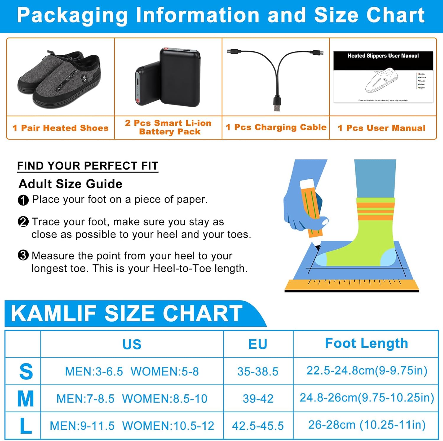 Heated Slippers, Kamlif 4 Heating Levels Cordless Foot Warmers for Cold Feet, Cold Weather Cozy Slippers Warm-up Shoes Indoor House Shoes Outdoor Camping with 5000mAh Rechargeable Battery