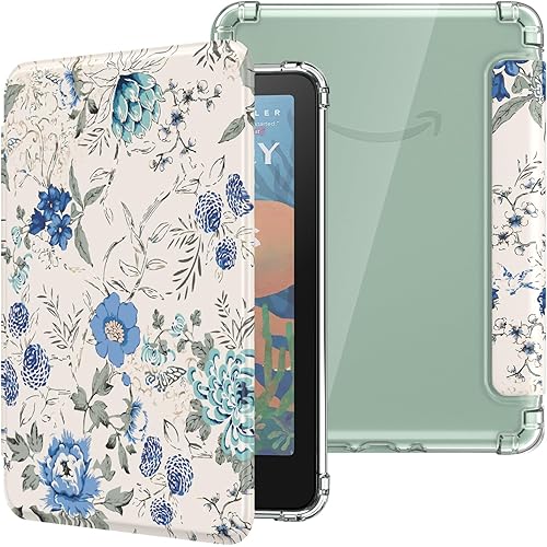 MoKo Case for All-new 7" Kindle Paperwhite 12th Gen 2024&Kindle Colorsoft Signature Edition 2024,Ultra Clear Soft Flexible Transparent TPU Back Cover Light Shell with Auto Wake/Sleep,White Blue Floral