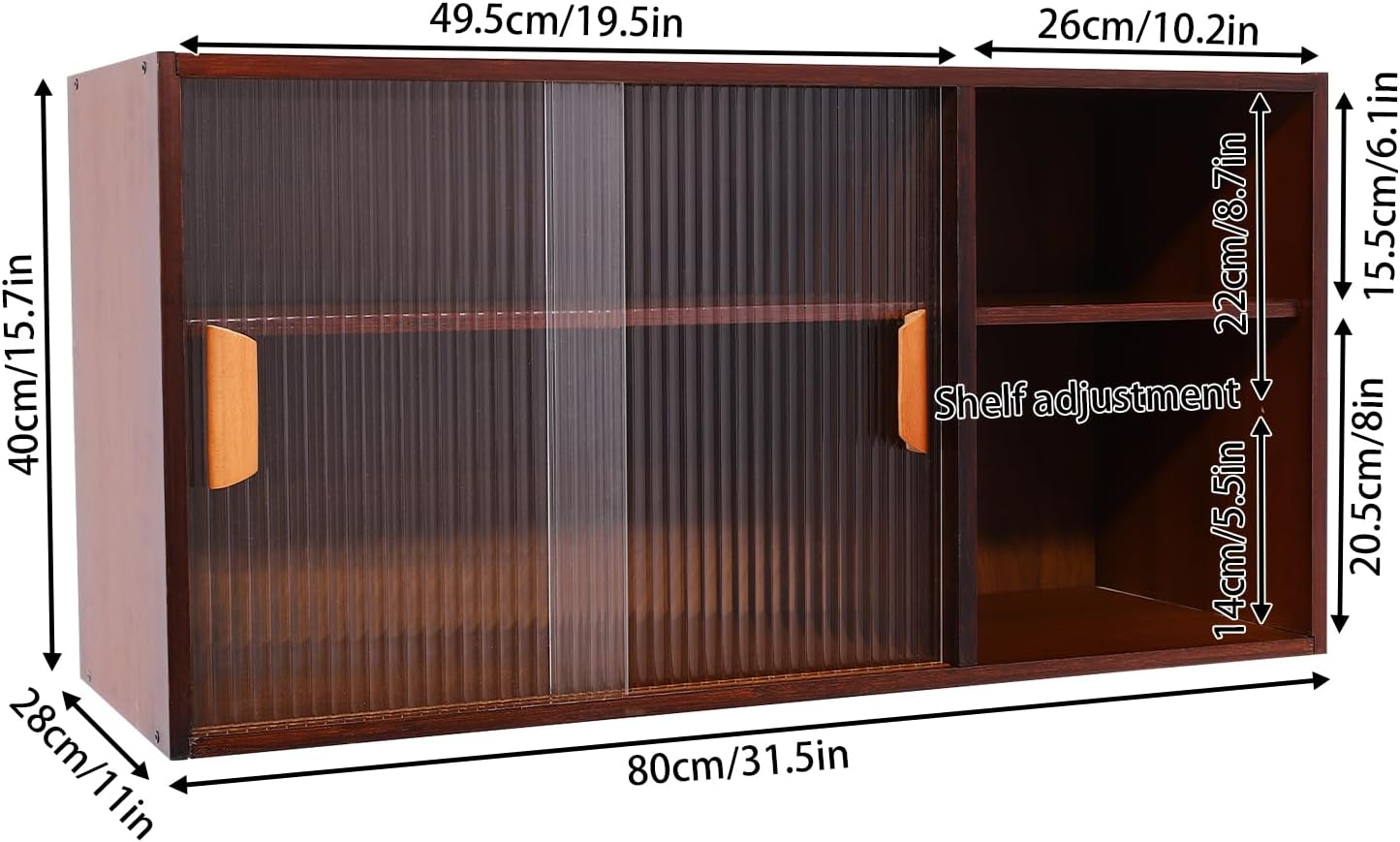 Kitchen Pantry Cabinet, Wall Mount or Countertop Sideboard with Glass Doors, 2 Tiers Rectangular Cupboard Food Pantry Cabinet for Kitchen, Dining Room, or Living Room (Walnut)