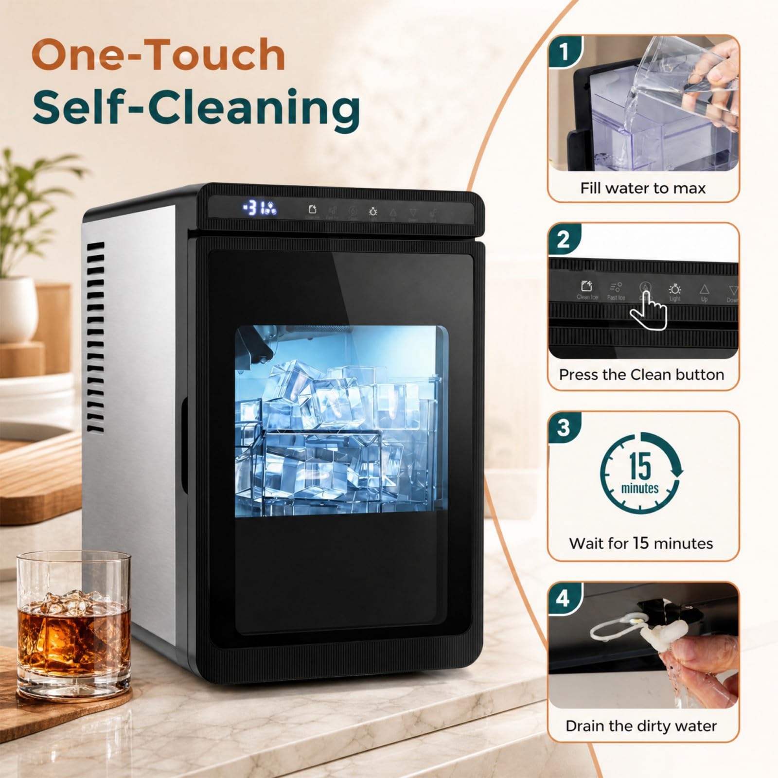 Lifezeal - Máquina de hielo transparente de 12 kg/24 h, máquina de hielo de encimera, fábrica de hielo cuadrado de 4 cm de hierro fundido lento con temporizador de 24 horas, limpieza automática para