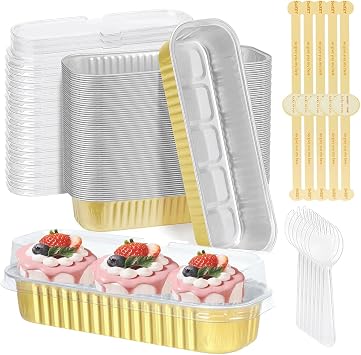 Mini Loaf Baking Pans with Lids and Spoons- 50 Pack 6.8oz Aluminum Bread Cupcake Pie Foil Pans with Sealing Sticker,Rectangle Disposable Baking Cups Muffin Tins Containers for Picnics Party