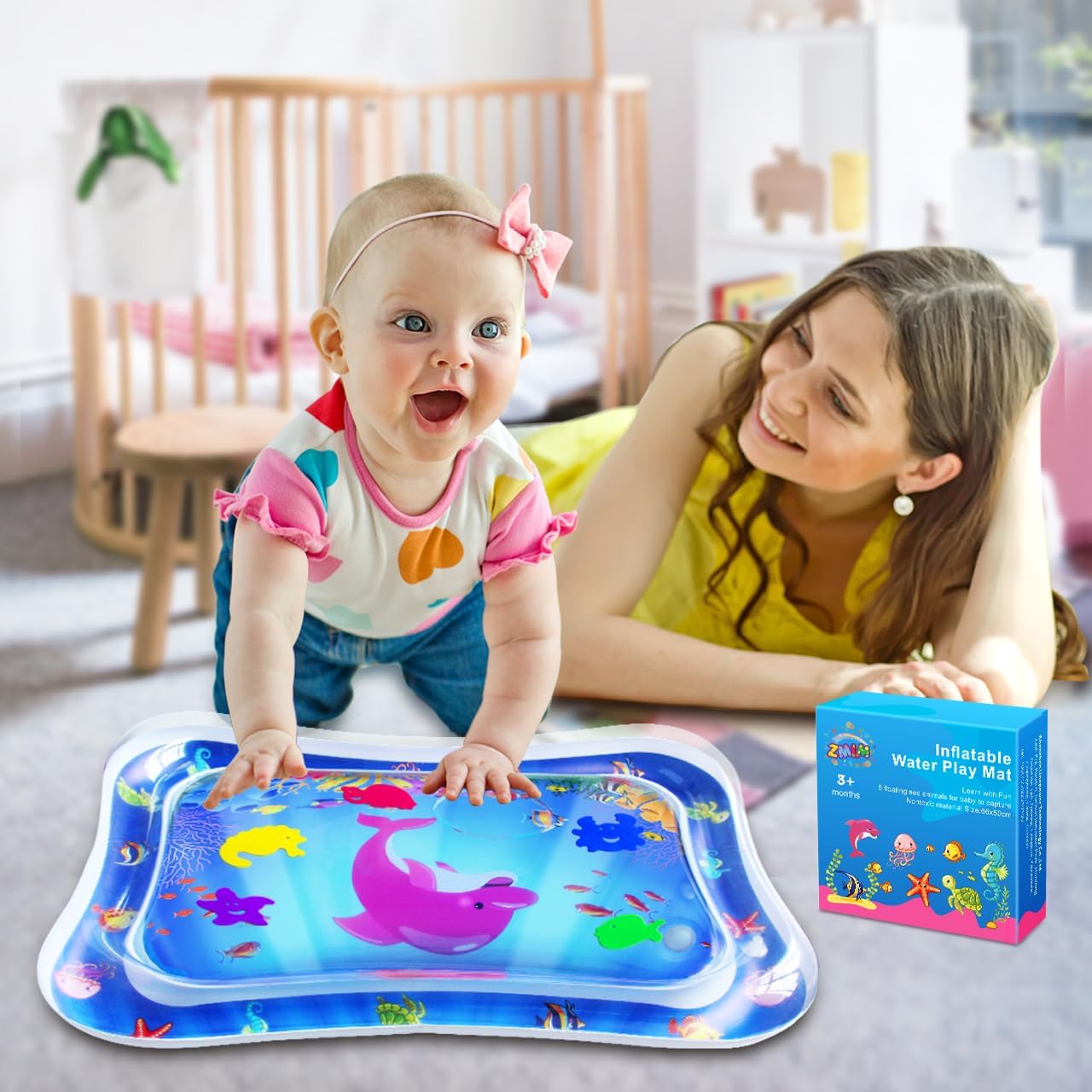 ZMLM Tummy Time Water Mat for Babies: Baby Toys Gifts for Newborn Infant 3 6 9 12 Month Boy Girl Inflatable Activity Playmat Sensory Mat Toddler Belly Time Pat Indoor (Blue)