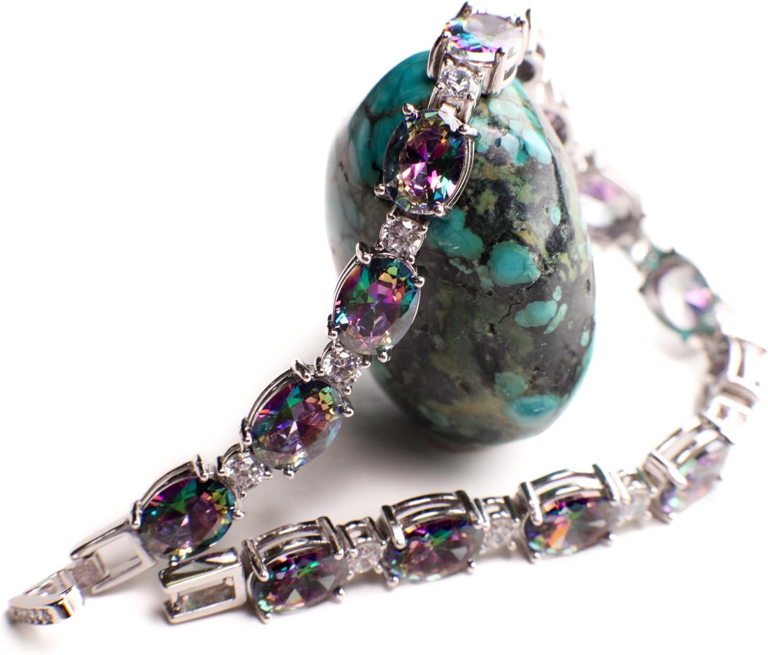 Mystic Topaz Oval shape 6x8mm Prong CZ Diamond 925 Sterling Silver Tennis Bracelet 6.5" January birthstone, holiday best gift 925 stamped