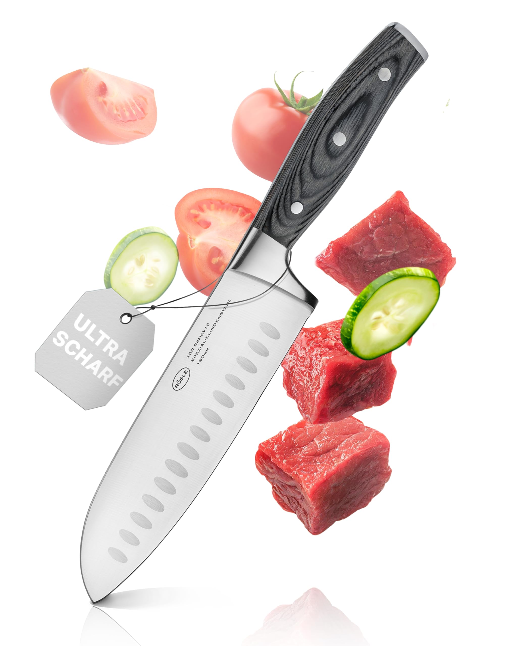 RÖSLE Santokumesser WOLFGREY 17,5 cm – Scharfes Küchenmesser & Kochmesser mit Kullenschliff – Santoku Messer, perfekt für Feines Schneiden, Würfeln und Hacken mit Leichtigkeit