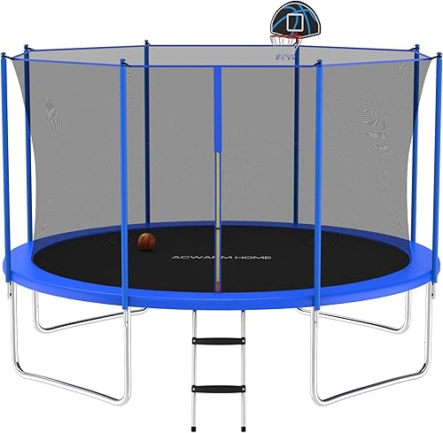 Miniatura 1 de ACWARM HOME Trampolín para exteriores de 1012141516 pies para niños y adultos trampolín con aro de baloncesto escalera red de recinto aprobado por