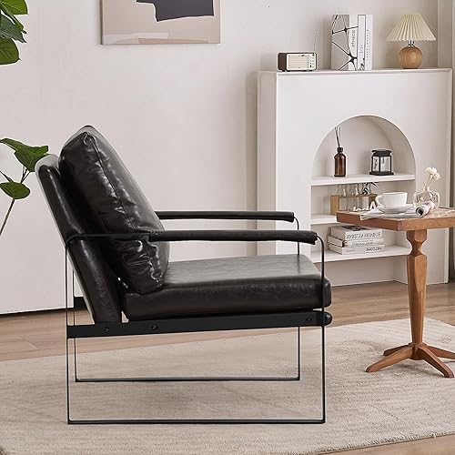 Miniatura 3 de COOSLEEP - Silla decorativa moderna de cuero, sillón tapizado cómodo con marco de metal, cómodo cojín y respaldo con piel sintética para sala de