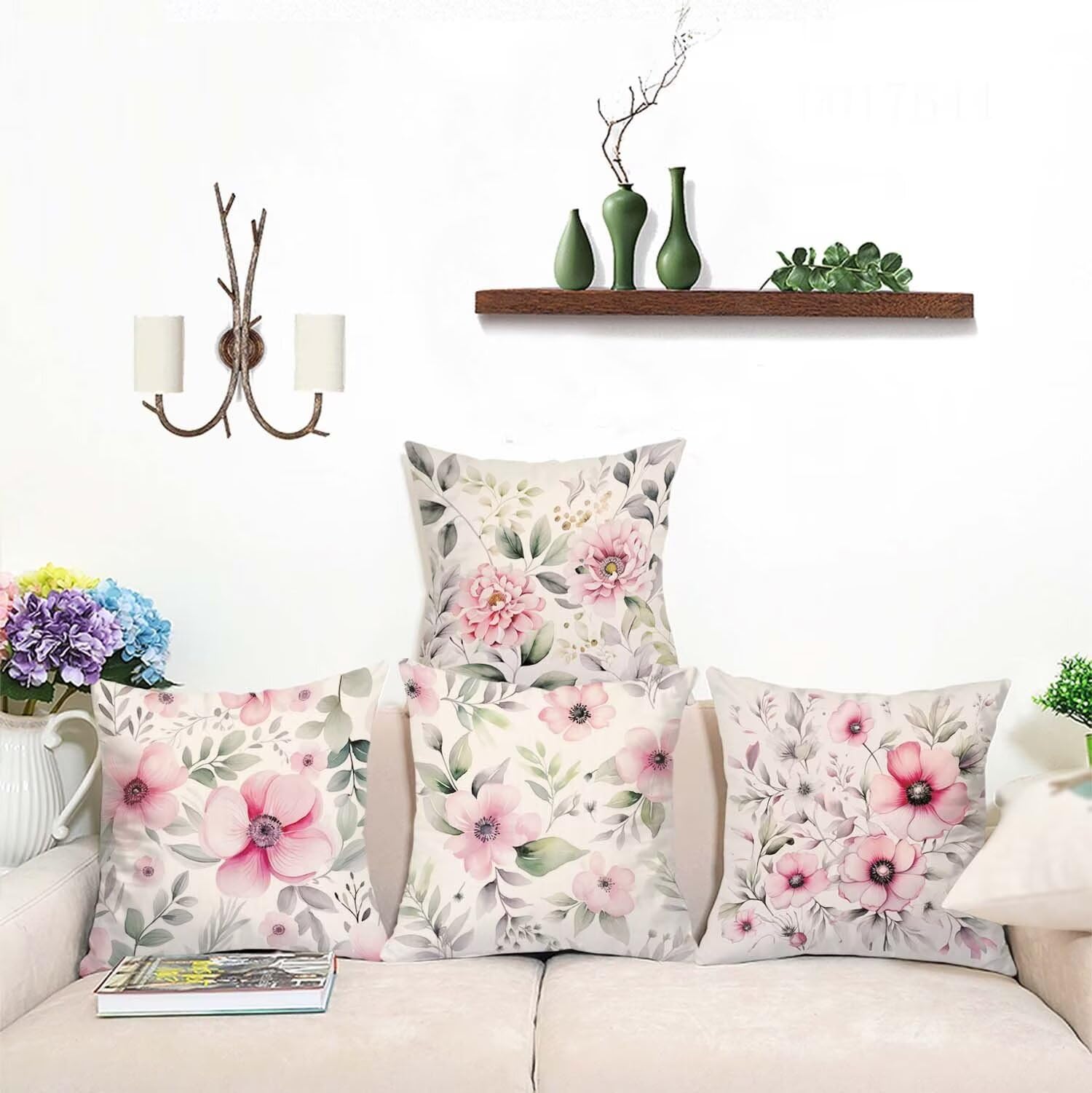 Fundas Cojines SuavesBlanco Fundas Cojines Cuadradas Suaves Funda Almohada Cojines Suaves Sillas Jardin para Oficina Jardín Cama Sofá Banco Interior o Exterior Juego de 4 Funda Cojin Flor mu-419