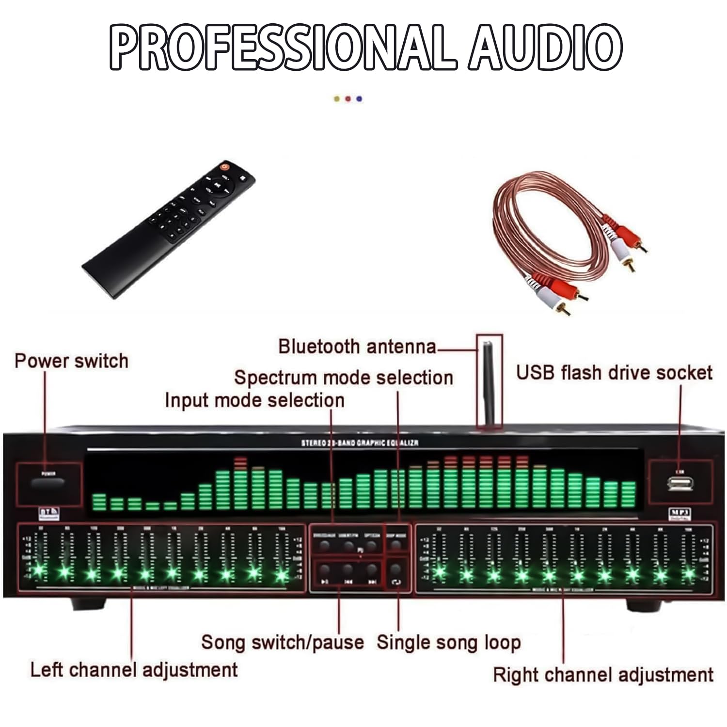 Equalizzatore grafico a 31 bande con Bluetooth 5.4, processore audio digitale con ingressi ottici/coassiali per sistemi stereo domestici, monitoraggio da palco e applicazioni in studio