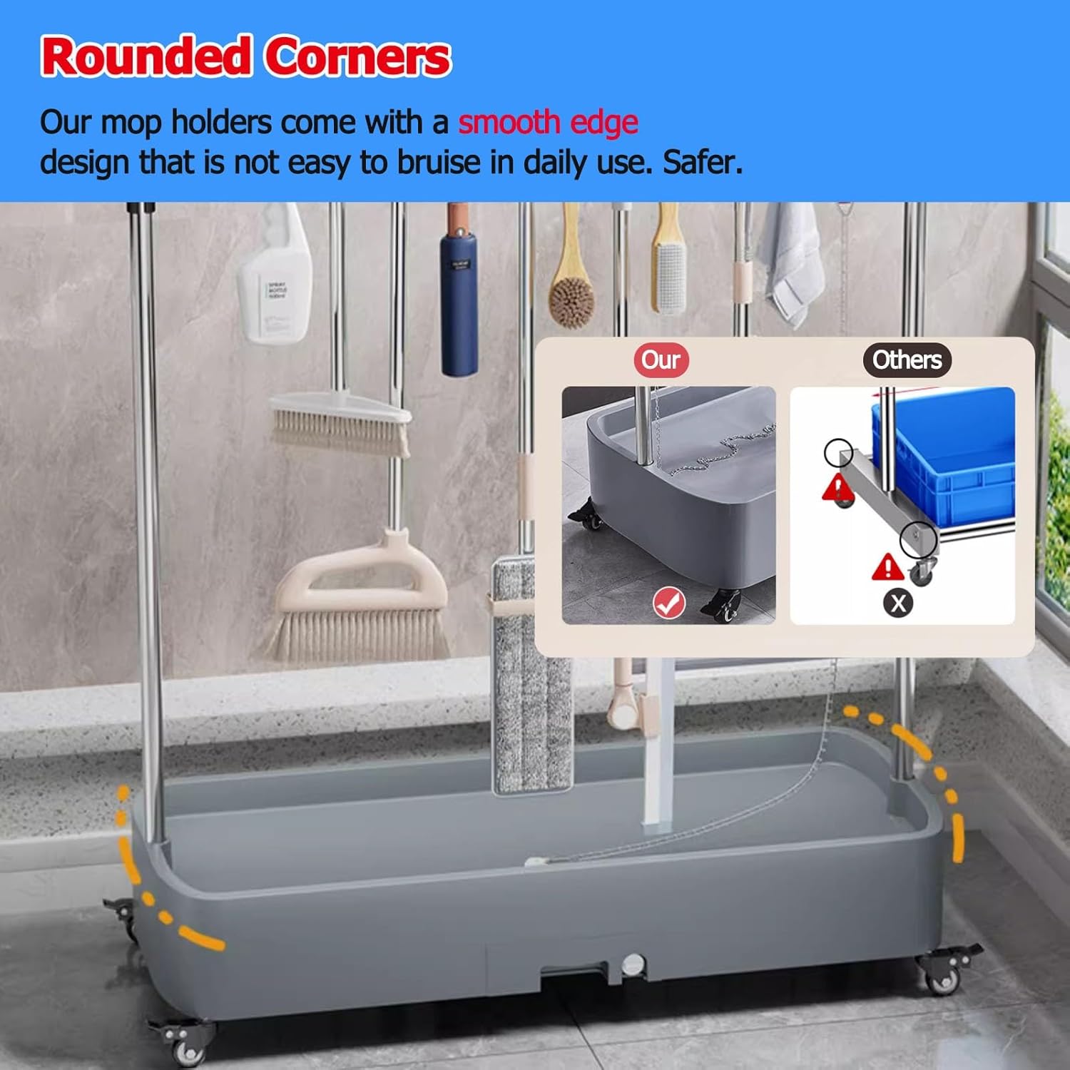 Broom Holder Organizer Movable, Mop Rack Floor Standing Cleaning Tool Organizers, Housekeeping Station Storage Tools for Companies Restaurant Hospitals Property ( Color : Gray1 , Size : 20 slots/24 ho