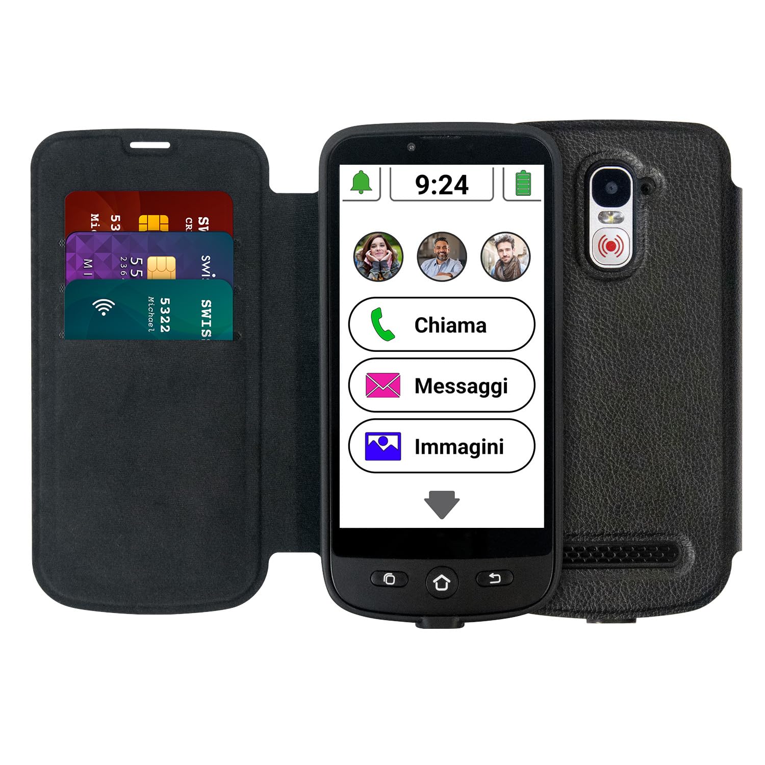 swissvoice - Smartphone S510-M + Cavo Magnetico di Ricarica + Custodia Protettiva a Portafoglio - Facile da Usare - Tasto SOS - Smartphone 4G per Anziani - Sbloccato - Nero