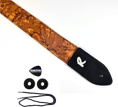 Brown Batik Guitar Strap - Tan Genuine Leather Ends, Includes 2 Strap Locks & 1 Pick. Adjustable Strap, Pick Pocket, For Bass, Electric & Acoustic