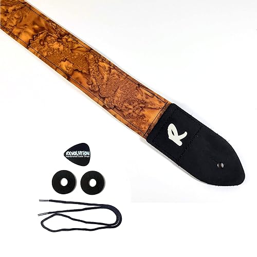 Brown Batik Guitar Strap - Tan Genuine Leather Ends, Includes 2 Strap Locks & 1 Pick. Adjustable Strap, Pick Pocket, For Bass, Electric & Acoustic
