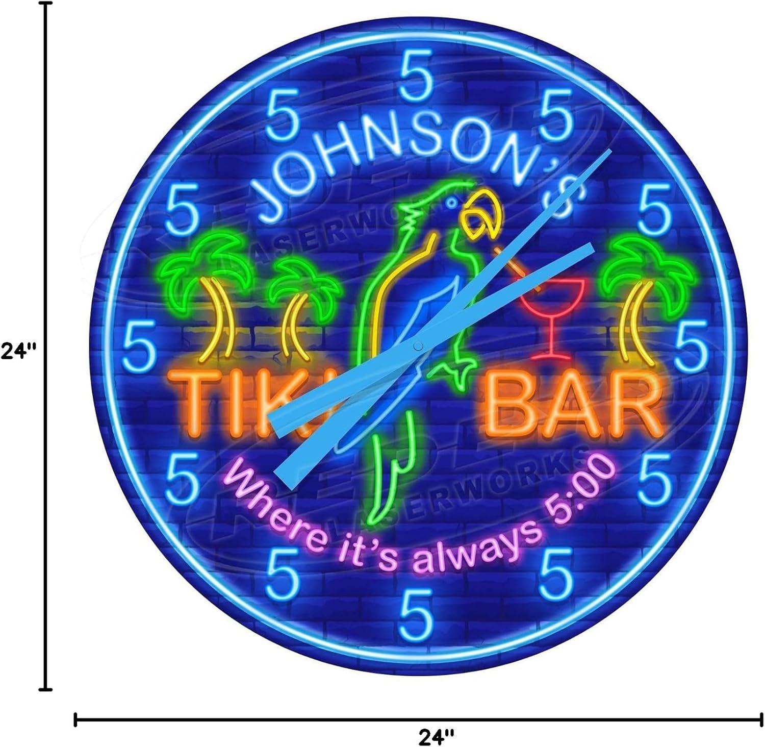 Tiki Bar Parrot Backyard Patio Bar Neon Themed Personalized Large 24" Metal Wall Clock