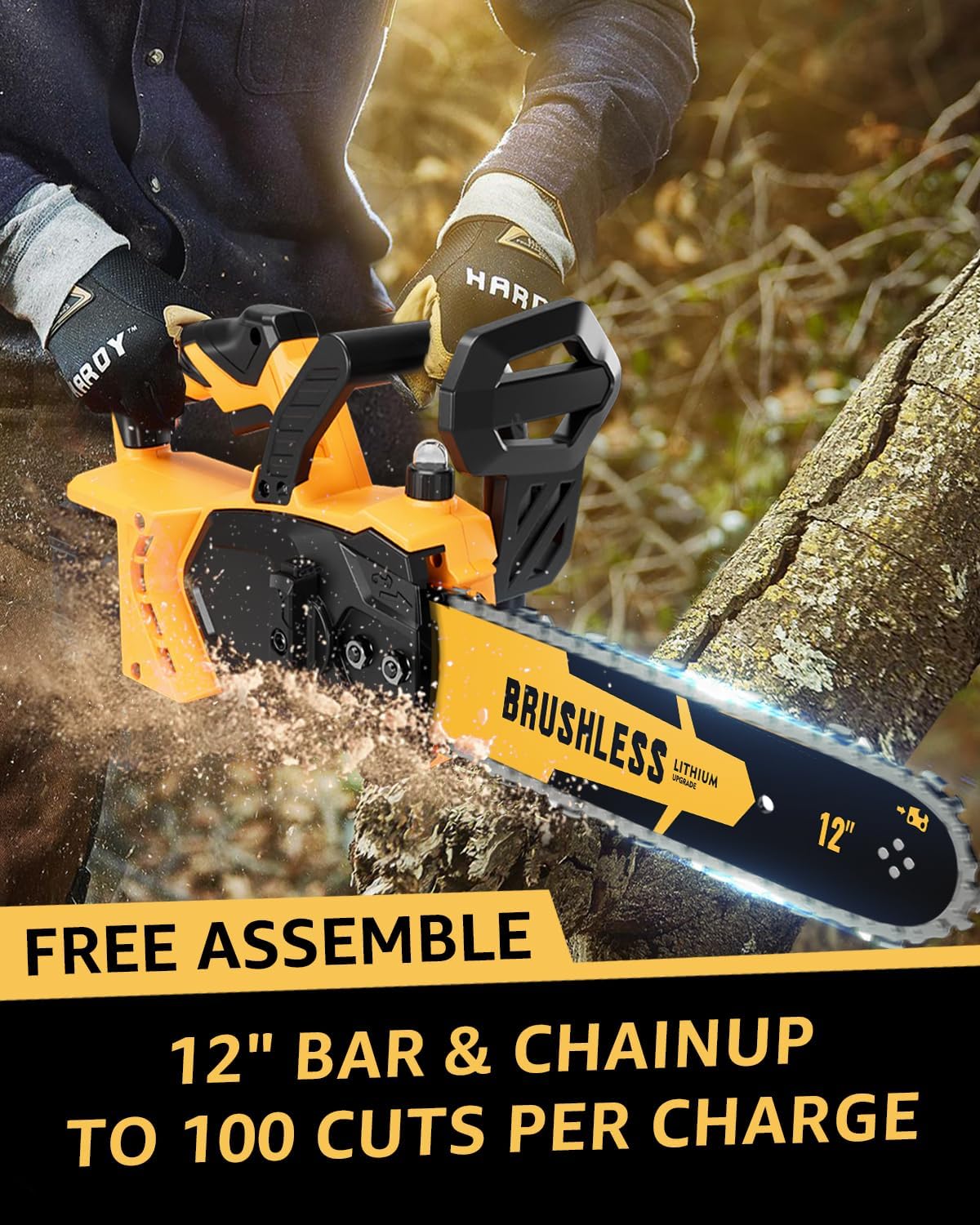 12 Inch Brushless Cordless Chainsaw for 20v Max Battery with Auto Oiler, 45Ft/s 1100W Electric High-Efficiency, No Installation Required, Yellow (Battery Not Included)