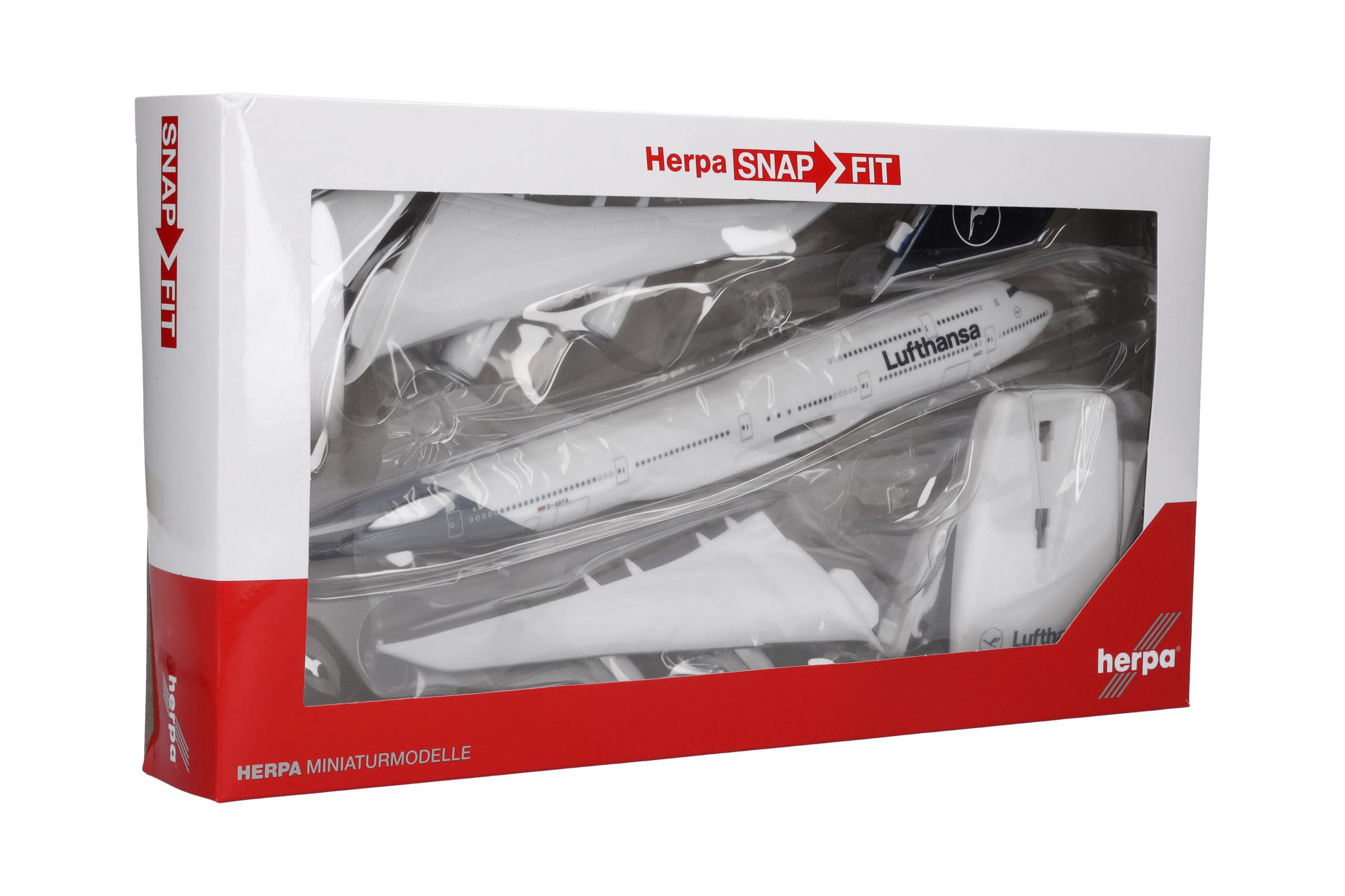 Herpa Snap-Fit Modellflugzeug Lufthansa Boeing 747-8 Intercontinental Miniatur im Maßstab 1:250, Sammlerstück, Modell mit Standfuß, Kunststoff