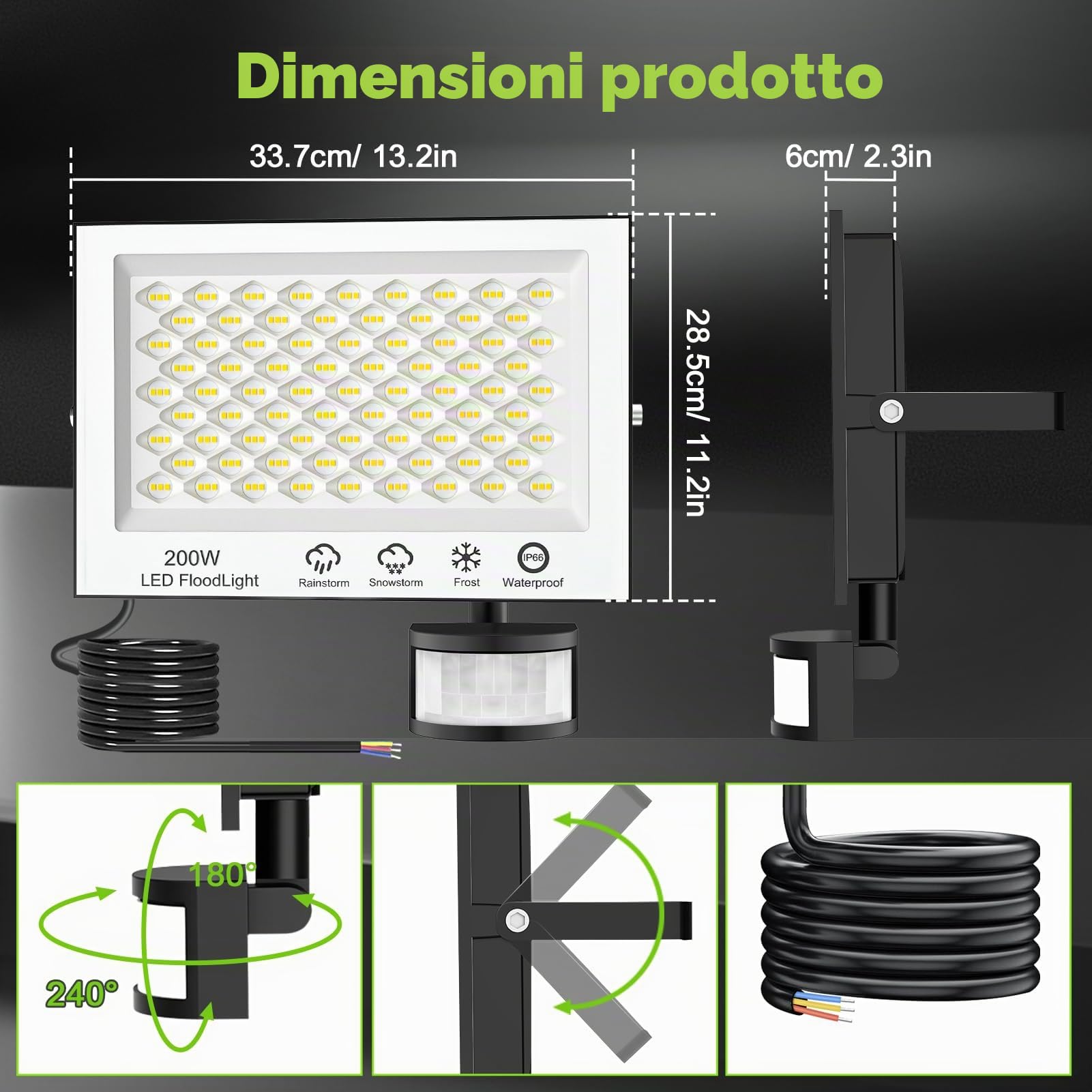 Faretto LED da Esterno con Sensore di Eovimento - 200W 20000LM Faretto LED da Esterno, 6500K Bianca Fredda Faro LED Esterno IP66 Impermeabile Faretto con Sensore di Movimento per Patio Garage 2 Pezzi