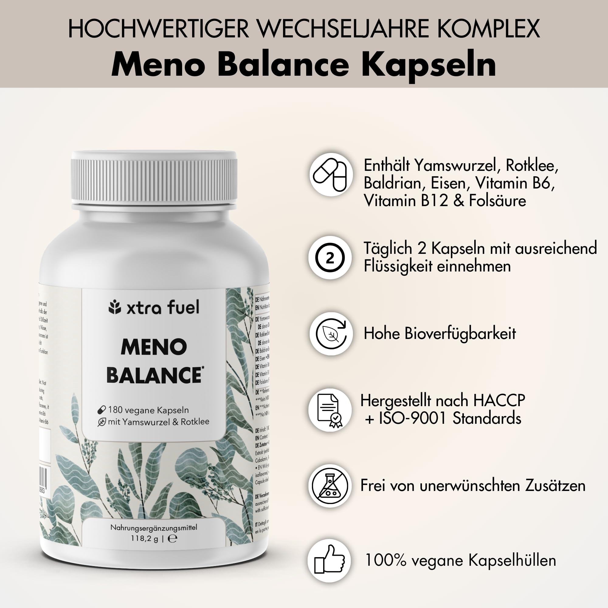 Wechseljahre Kapseln 180 Stück - Meno Balance - Natürliche Formel mit 500mg Yamswurzel, 340mg Rotklee, 200mg Baldrian-Extrakt, Eisen, Folsäure & B-Vitamine – laborgeprüfter Meno Komplex Wechseljahre