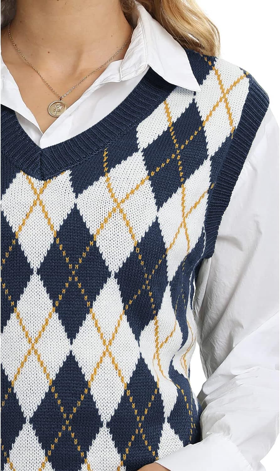 Lailezou Women's V Neck Knit Sweater Vest Argyle Plaid Preppy Style Sleeveless Crop Knitwear Tank - Image 4