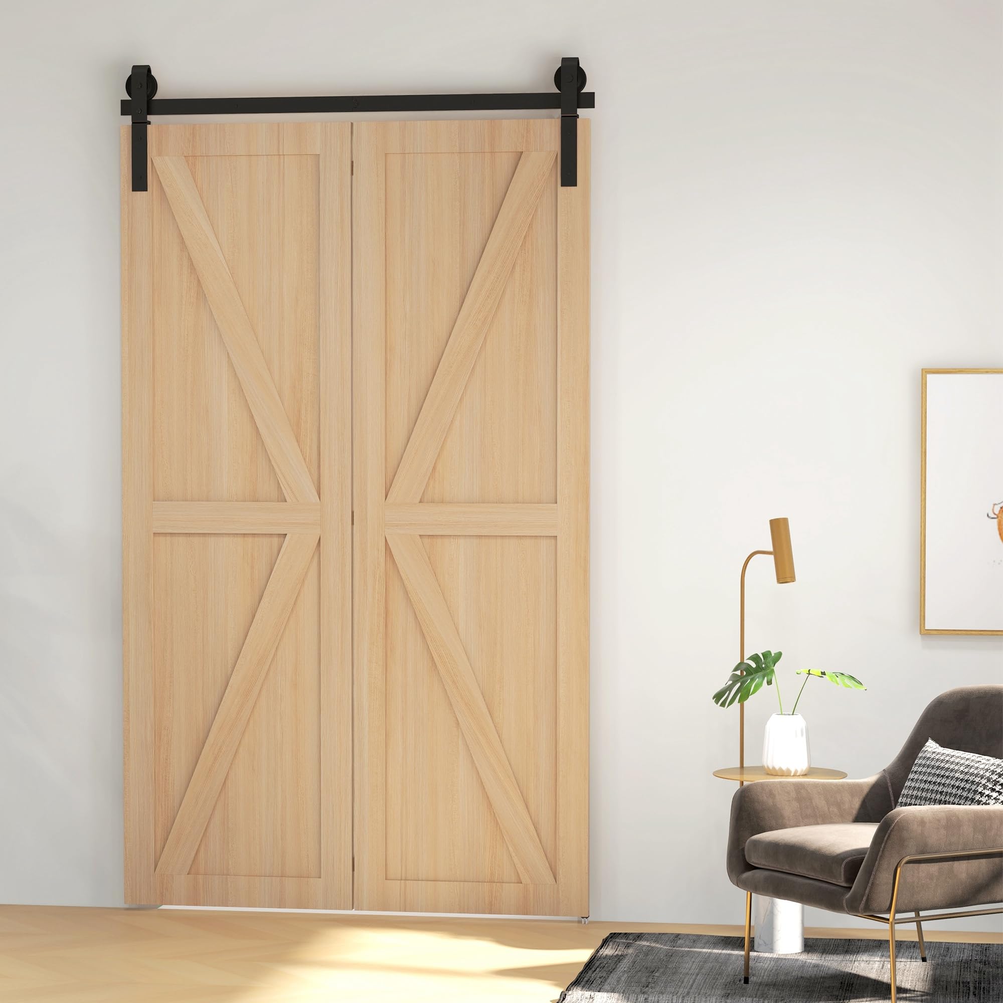 HOMCOM 122 CM Quincaillerie de Porte Coulissante Pliante 2 Portes Noir | Kit de Rails de Porte Coulissante Pliable, en Acier, avec Cintre en Forme de J
