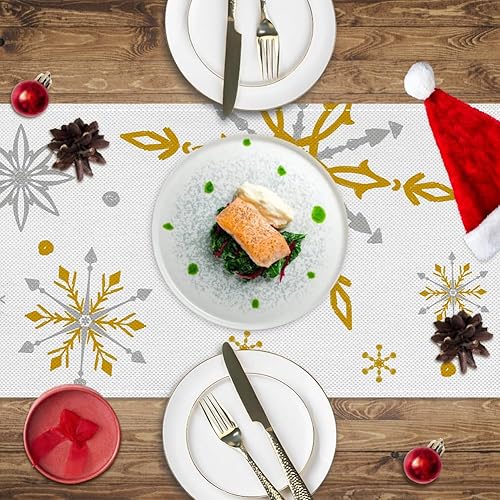 Miniatura 5 de Labeol Camino de mesa de copo de nieve, camino de mesa de Navidad, copos de nieve blancos y dorados, decoraciones de Navidad para mesa, camino de