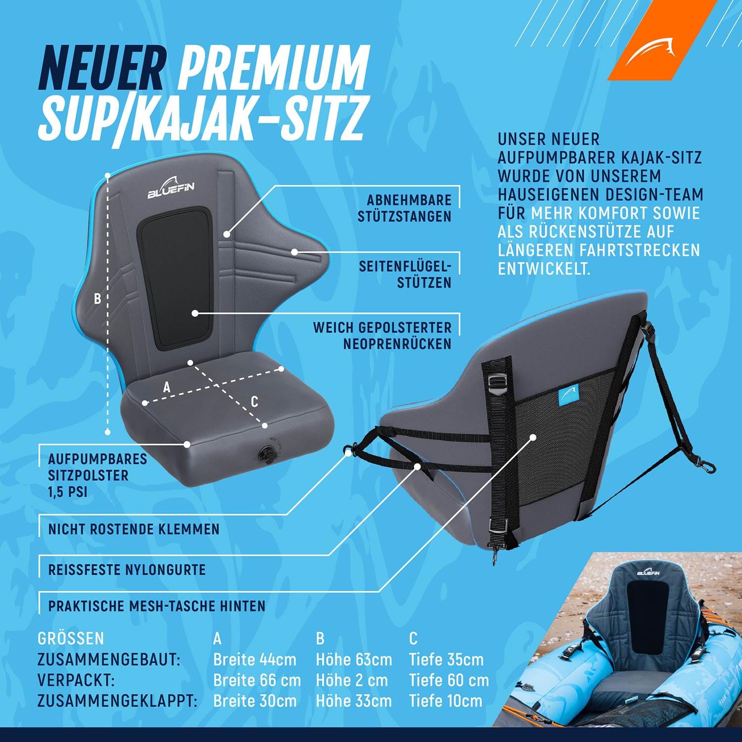 Bluefin SUP & Kajak-Sitz | Aufblasbares Sitzpolster, Netz-Tasche | Verstellbare Riemen, rostfreie Clips | Verstärkte Stützstangen | Leichter Quick-Dry-Sitz | Grau
