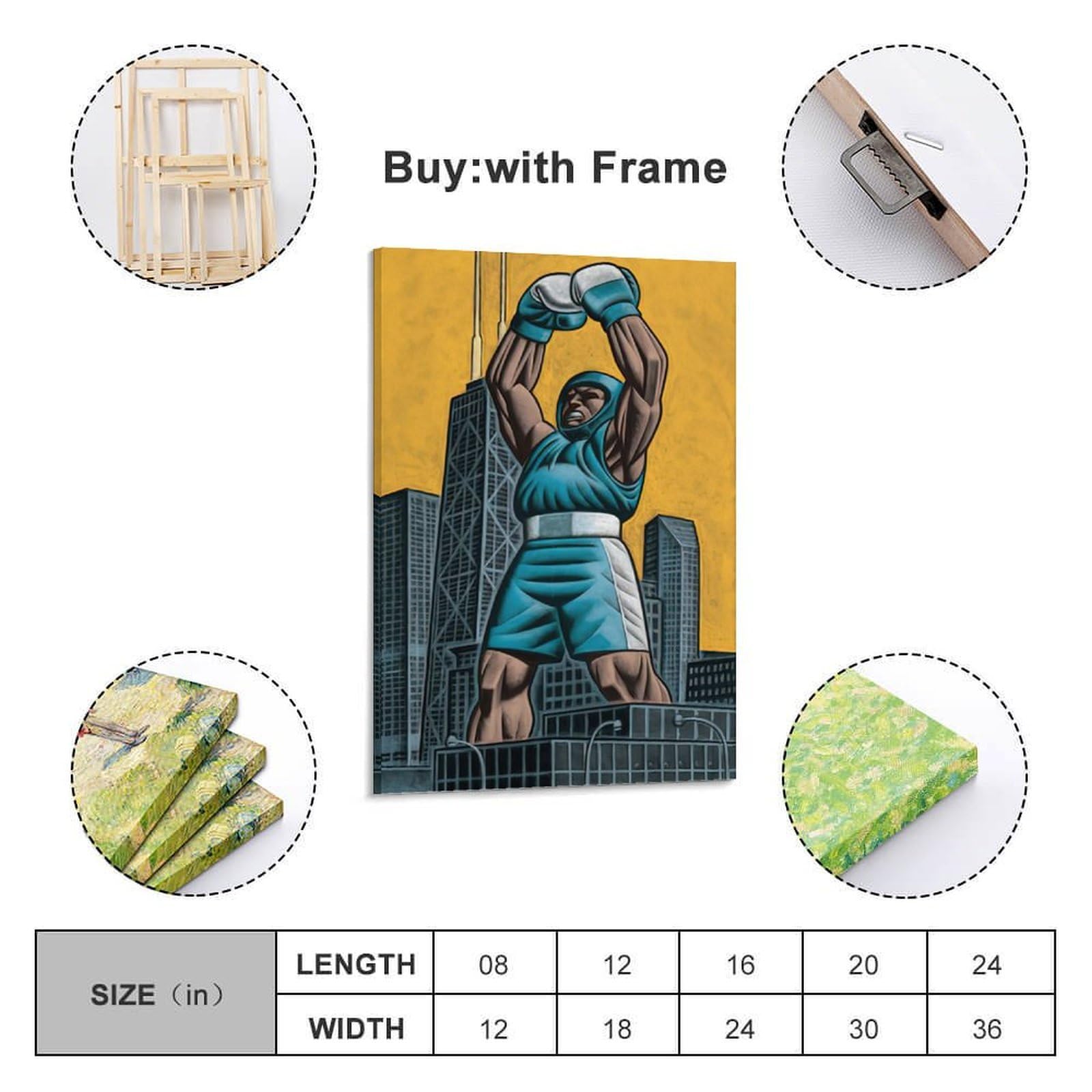 WIZIGM Impression sur toile style bande dessinée avec cadre - Style sportif - Boxer célébrant sur un gratte-ciel - Décoration murale moderne - 40 x 60 cm