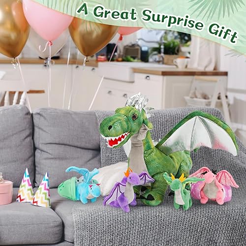 Miniatura 7 de Tezituor 7 piezas de animales de peluche de dragón, 22 pulgadas, mamá dragón de peluche con 4 dragones bebé y 2 huevos, juguetes de dragón de