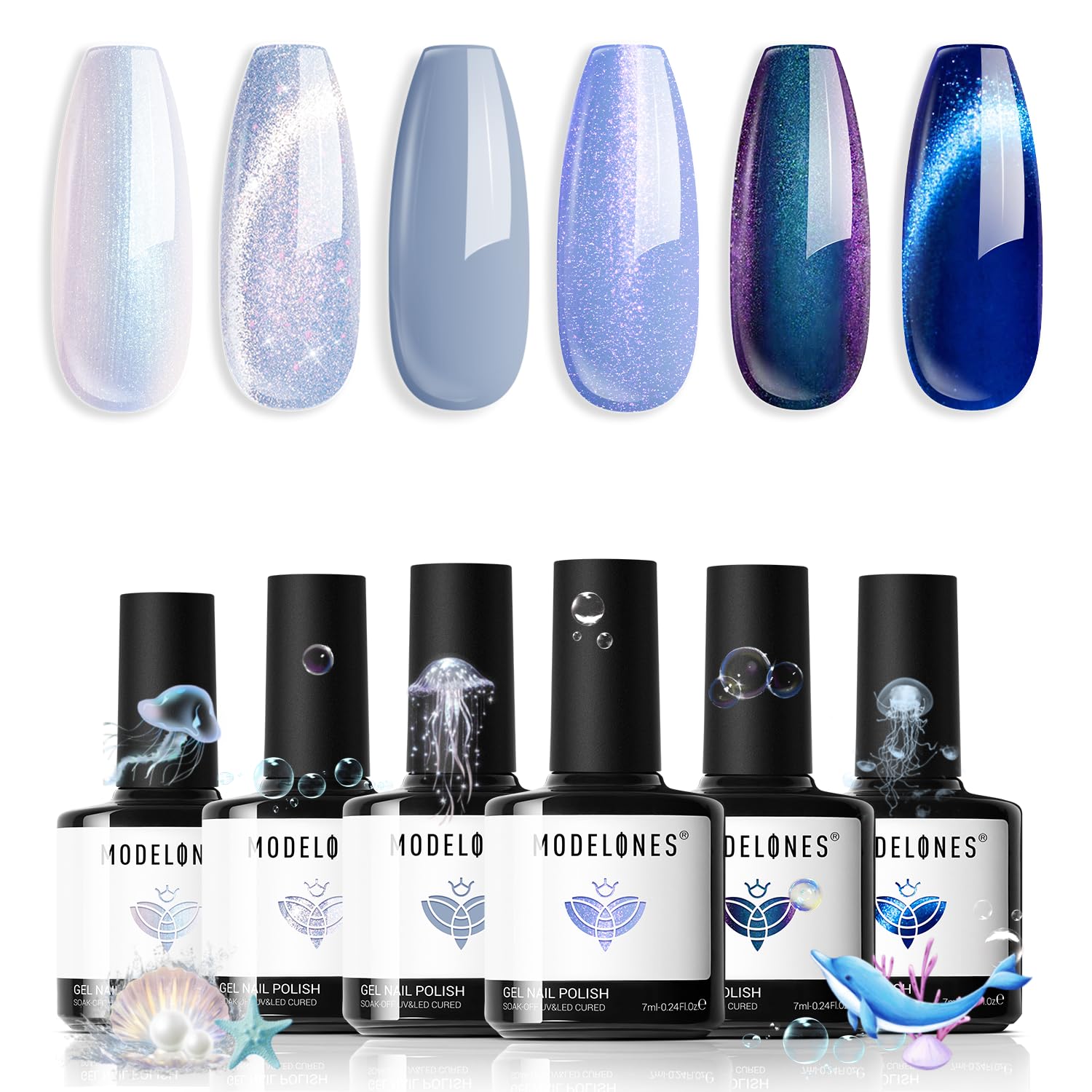modelones Blue Gel Nail Polish Set 6 Color, Light Dark Blue White Galaxy | Fall Winter Icy Blue Cat Eye Gel Polish Kit9D CatEye with Magnet, Glitter Pearl Finish, Soak Off LED DIY Manicure Gift