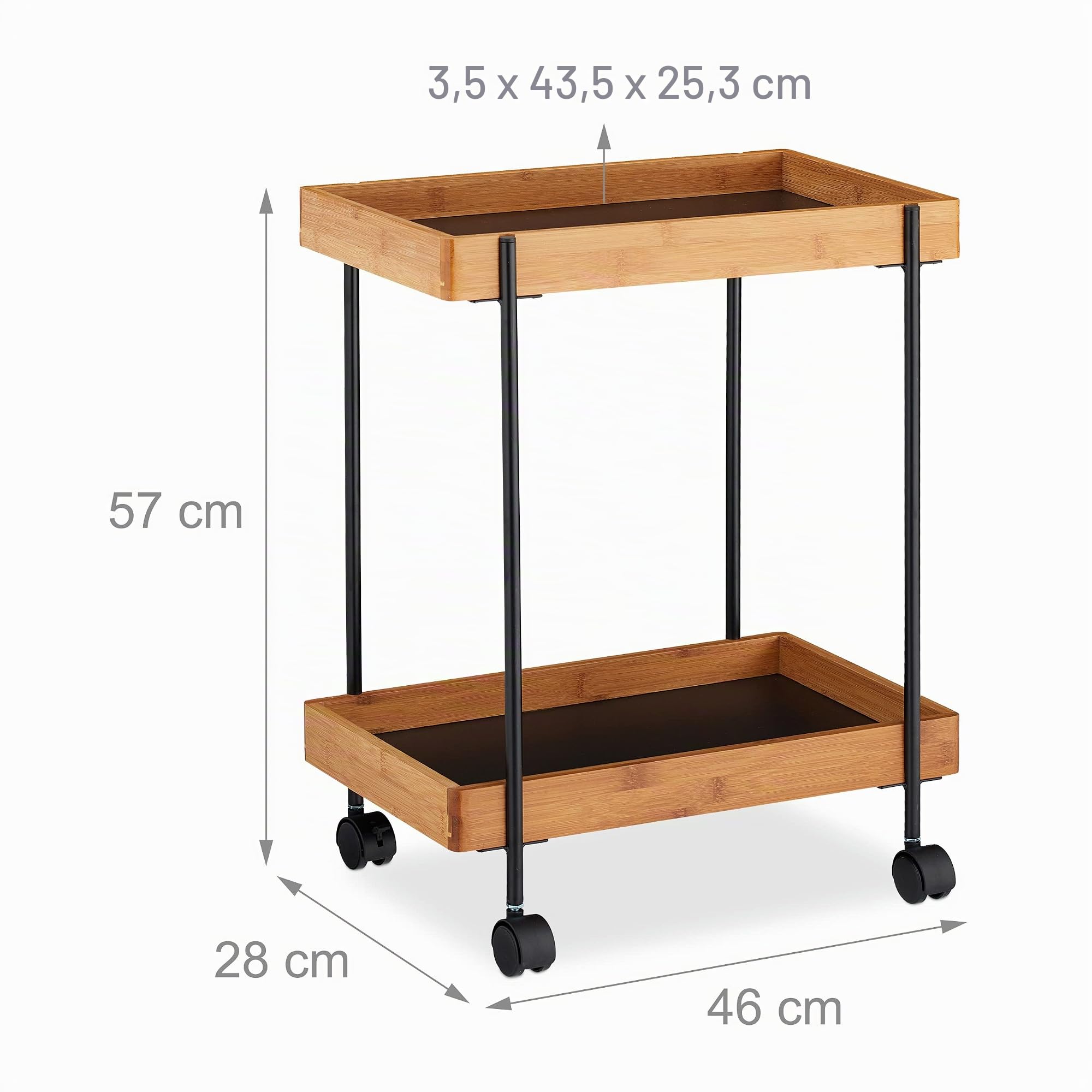 Relaxdays Camarera de 2 Pisos, Carrito Cocina, Carro, Mesita Auxiliar, Bambú-Hierro, 1 Ud, 57 x 46 x 28 cm, Negro-Marrón