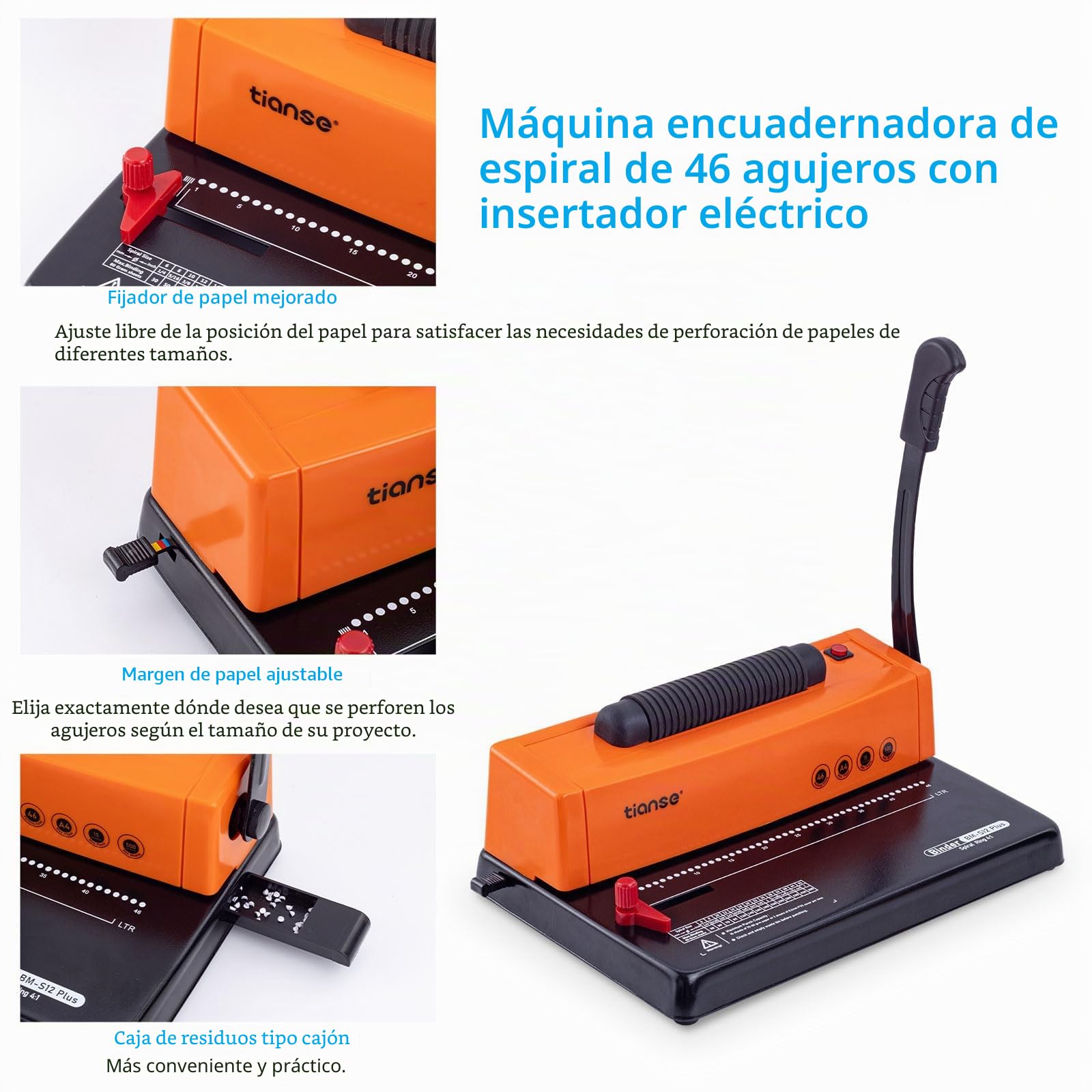 TIANSE Máquina de encuadernación, máquina de encuadernación de bobinas en espiral, perforadora manual con inserto de bobina eléctrica, apto para tamaño carta/A4/A5