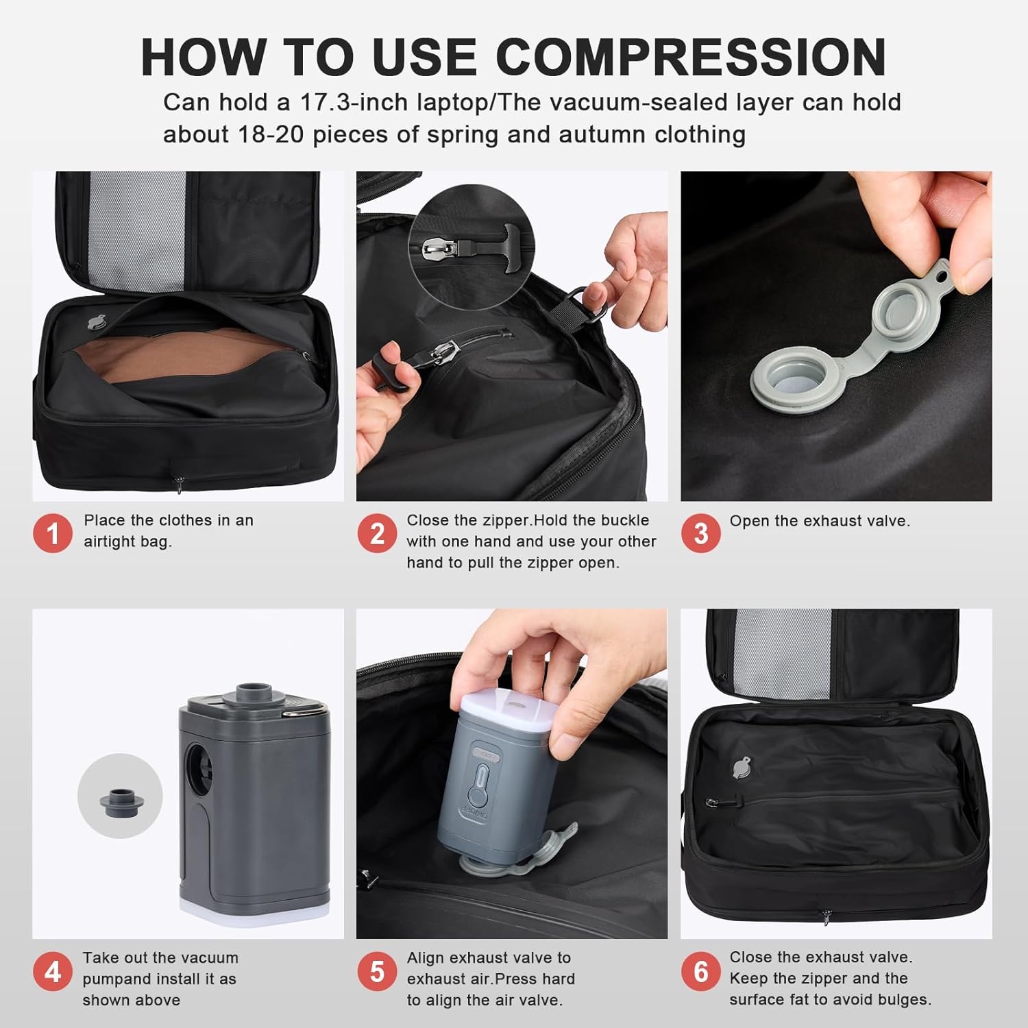 Vacuum Seal Travel Backpack 60L – Air Compression System, Water-Resistant Carry-On Backpack with TSA Lock, 17" Laptop Compartment, Vacuum Pump Included for Travel, Business - Black - Image 5