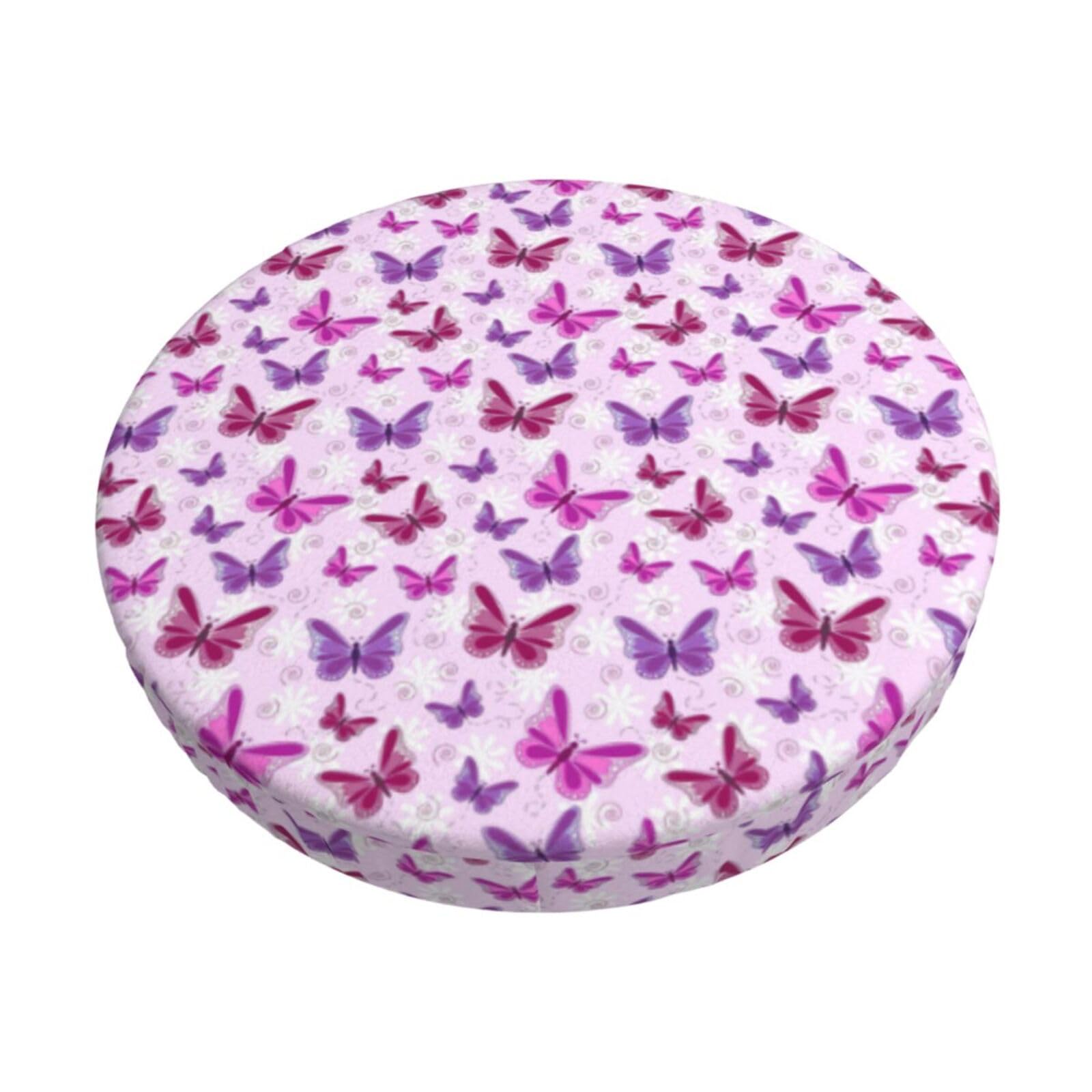 FBGHHTY Pink butterfly Print Round Bar Chair Cushion Cover Washable Circular Seat Protector Dining Room Kitchen