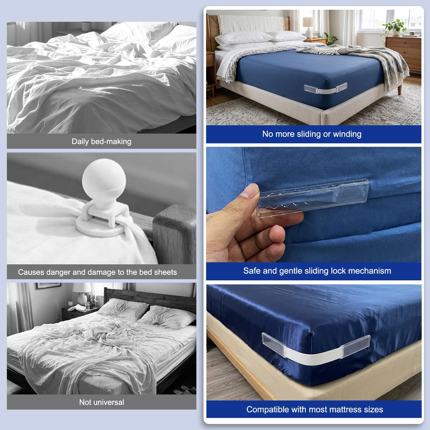 Bed Sheet Holders for Corners, 4Pcs Fitted Sheet Holders for Secure Grip, Heavy Duty Open Bed Sheet Holder Grippers with Sliding Locks, Tug-Proof Sheet Grippers - Easy Install for All Mattresses