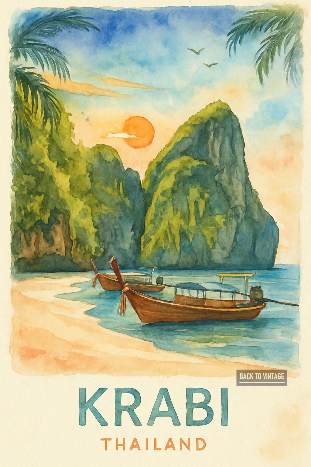Back To Vintage Multicoloured Krabi Thailand At Sunrise - A4 Travel City Poster Wall Art Home Decor Art Print Featuring Iconic Landmarks And Global Destinations For Interiors Inspired By Culture And Exploration