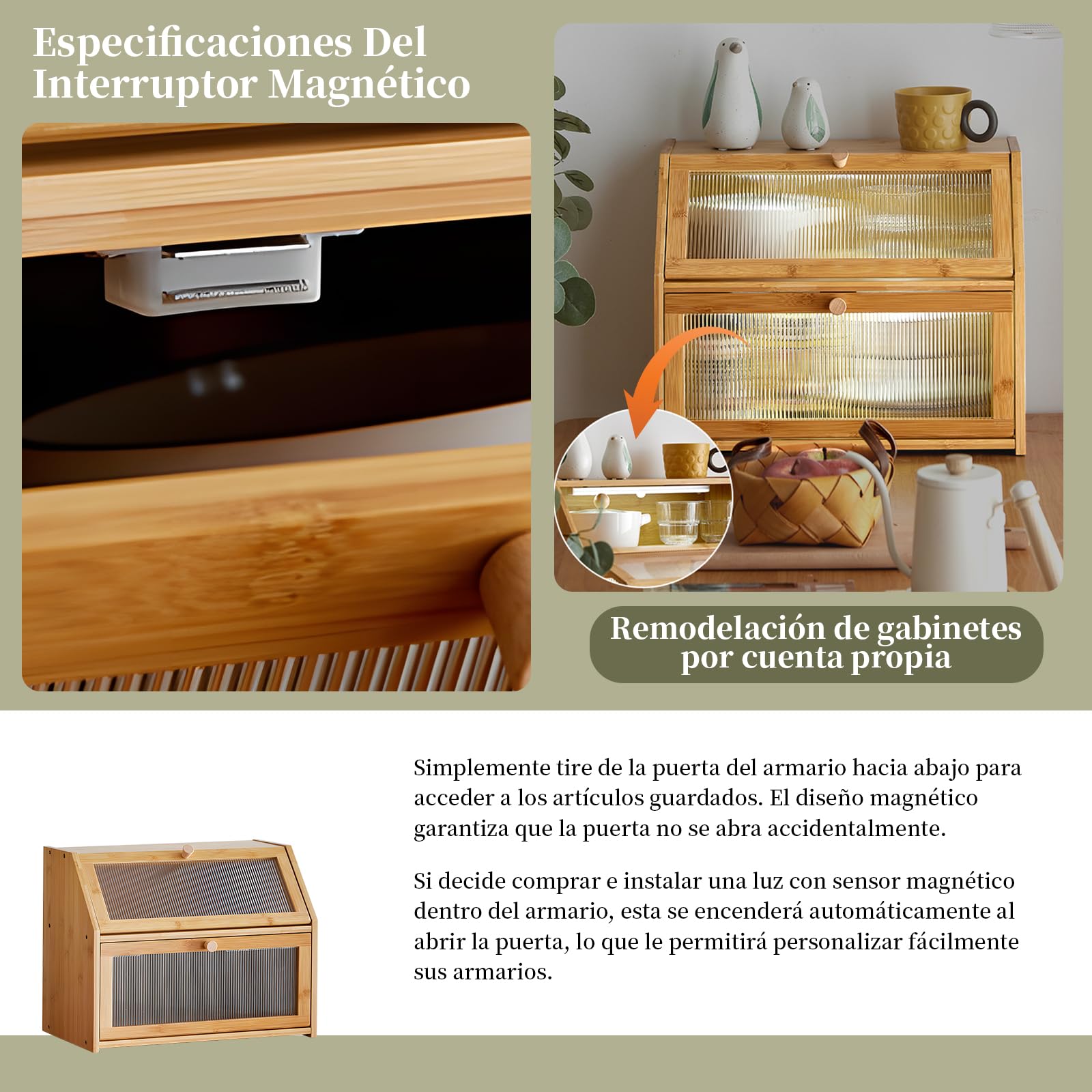 Panera de bambú de 2 Niveles – Recipiente para Pan con Puerta de acrílico y diseño de Escalera, Especias y Accesorios de Cocina, Caja de Almacenamiento ahorradora de Espacio para Cocina