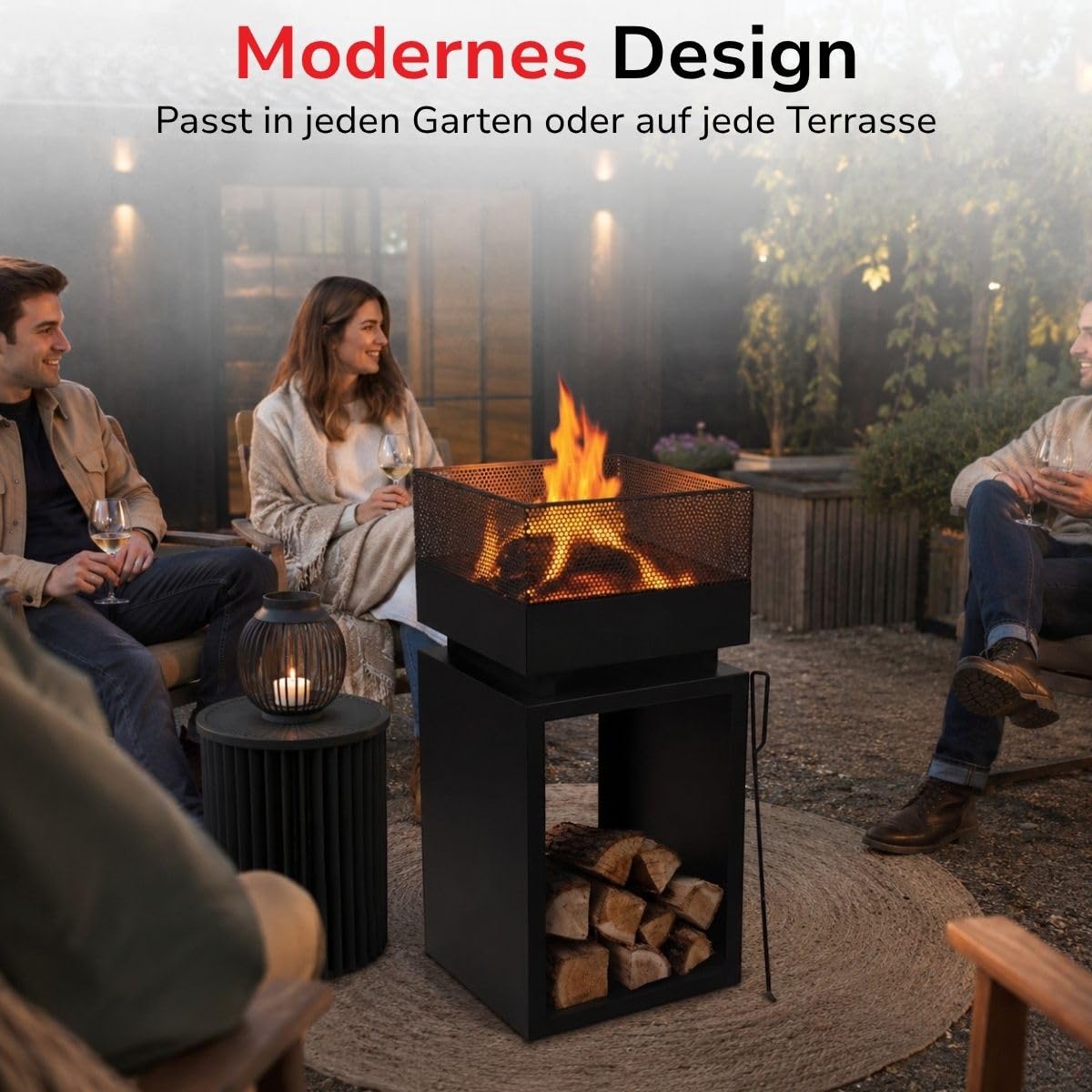 BBQ Collection Feuertonne mit Funkenschutz - Feuerkorb 39 x 39 x 85 cm - Gartenkamin für Brennholz - Terrassenofen mit Schürhaken und Brennholzlager - Deko Terrasse - Karbonstahl