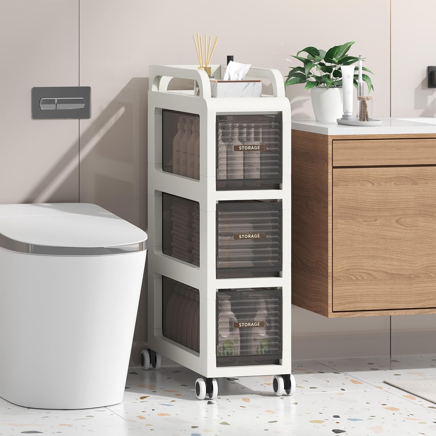 Drawer Storage with Wheels, Slim Storage Cart for Small Spaces, Narraw Rolling Drawer Unit for Bathroom Kitchen Laundry Room, 20×41×66cm